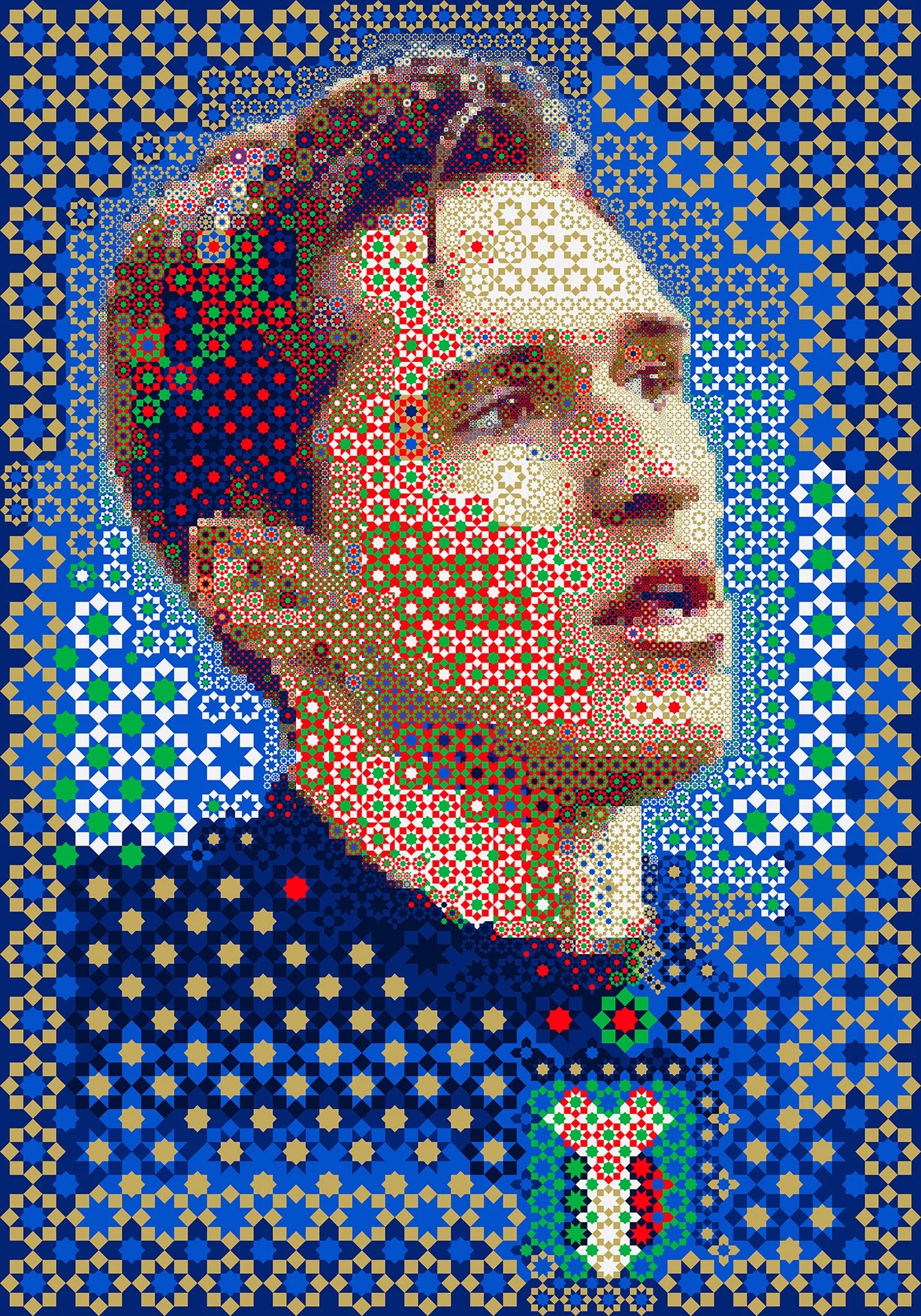 Mosaic of Federico Chiesa, combining Islamic geometric motifs with Italy’s national colors, reflecting cross-cultural artistry.