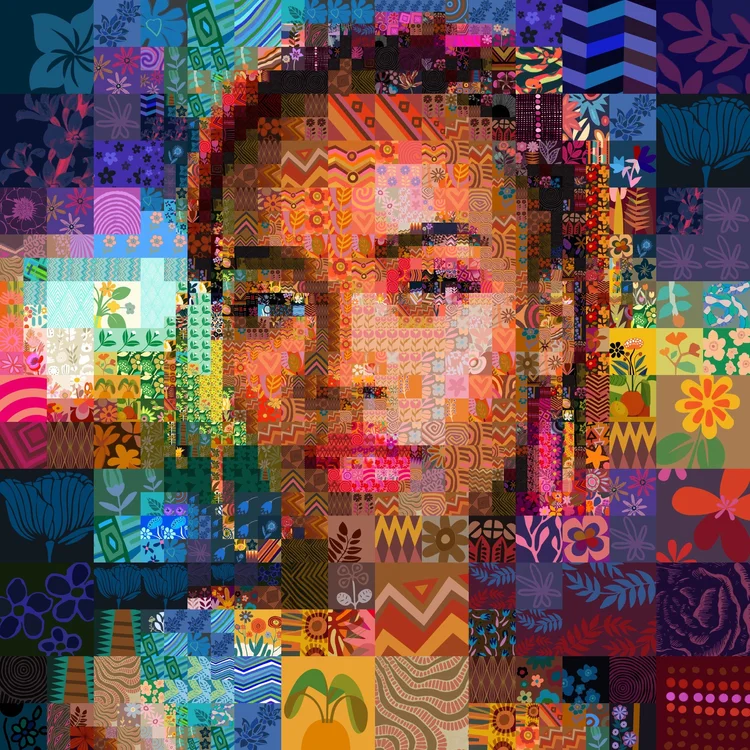 Mosaic portrait of a woman built from illustrated tiles by the Mozaix SWD Color matcher