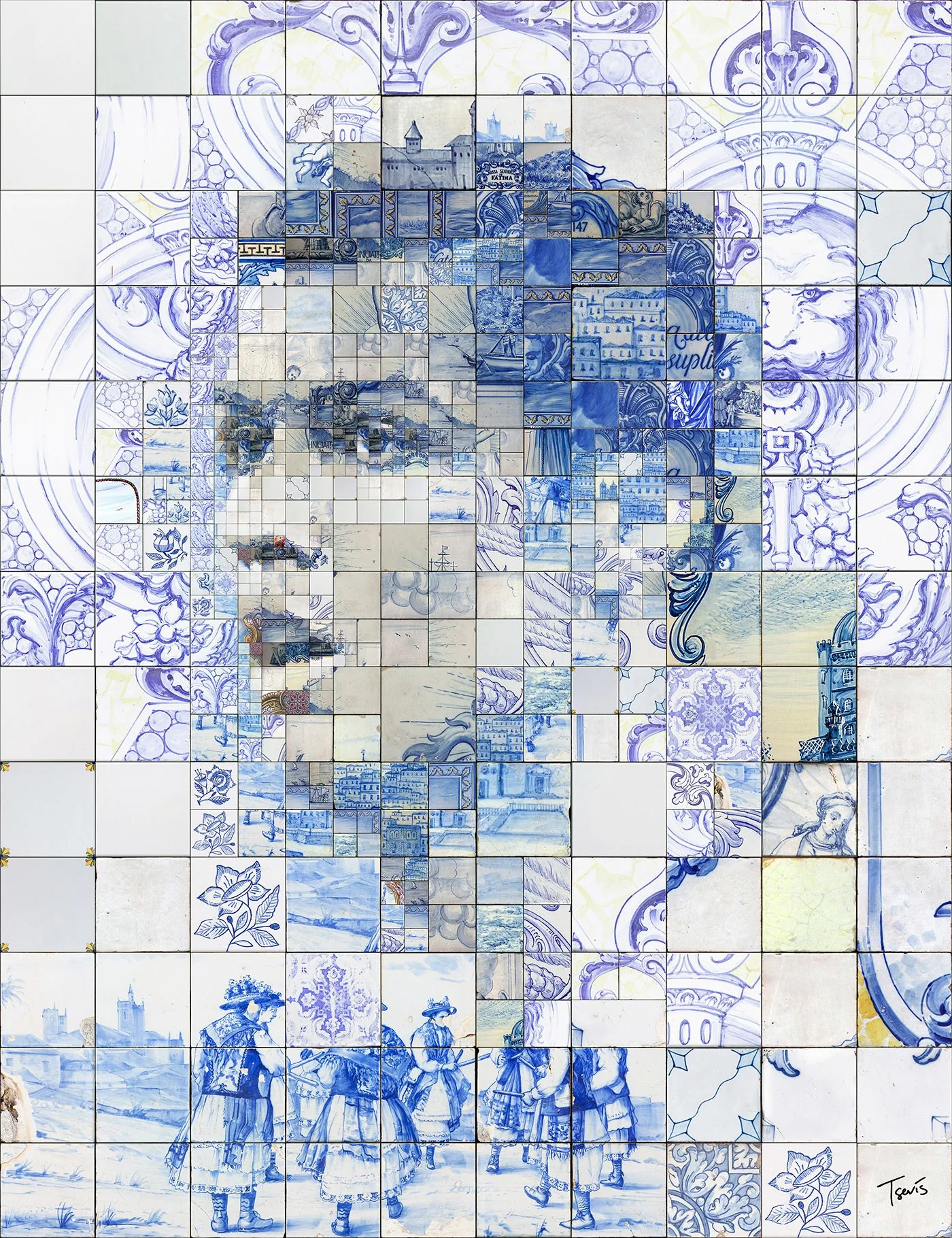 Intense Ronaldo azulejo close-up – blue tile fragments forming his expression.