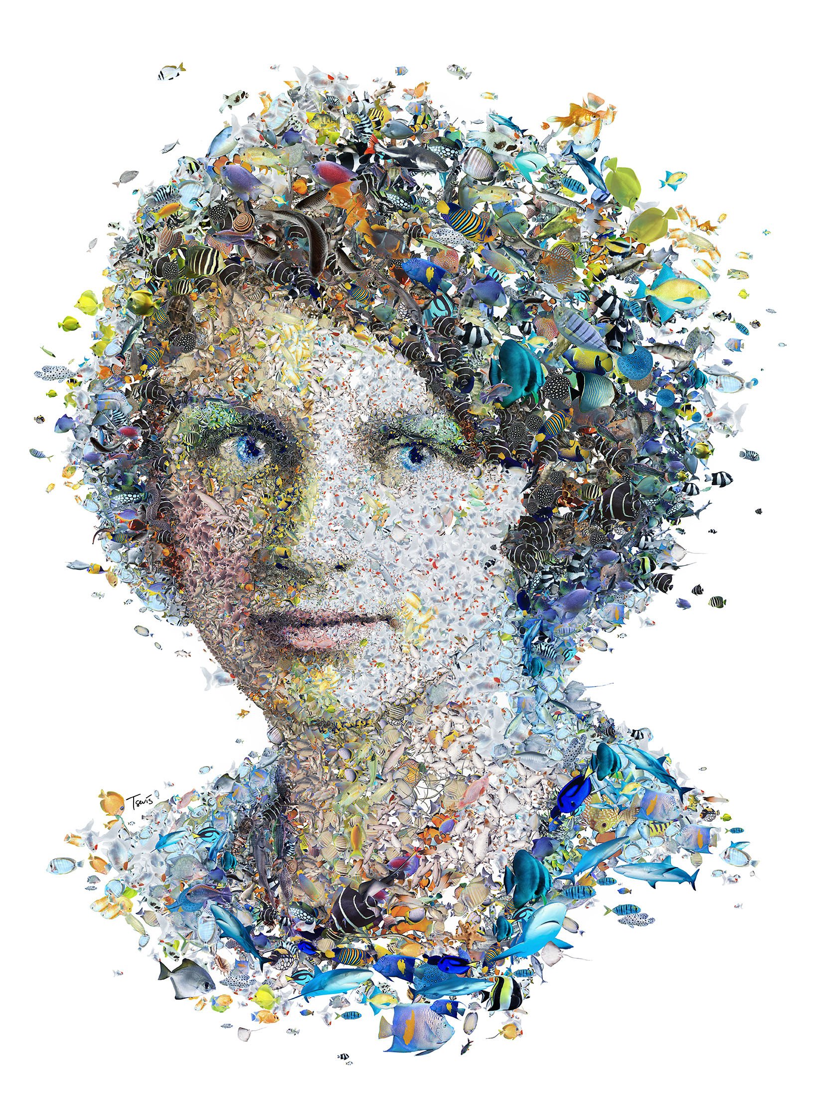 Rachel Carson mosaic from ocean creatures – fish, coral, and shells forming the conservationist's face.