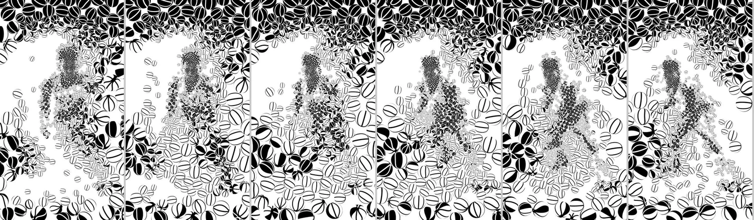 Six frames side by side of a black-and-white basketball mosaic, large balls trailing the moving ball.