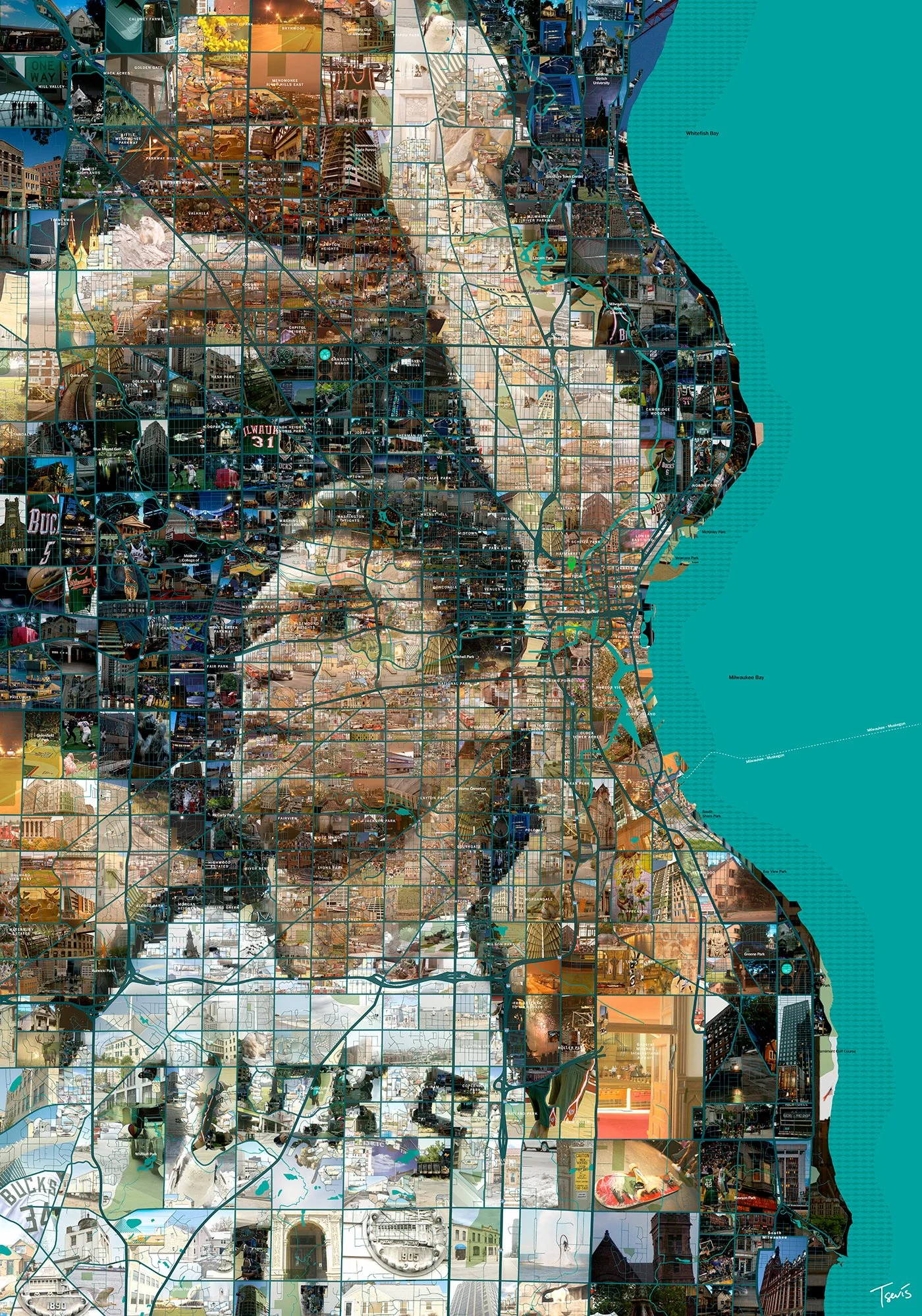 Brook Lopez mosaic, Bucks center from Milwaukee street maps. City blocks forming the portrait.