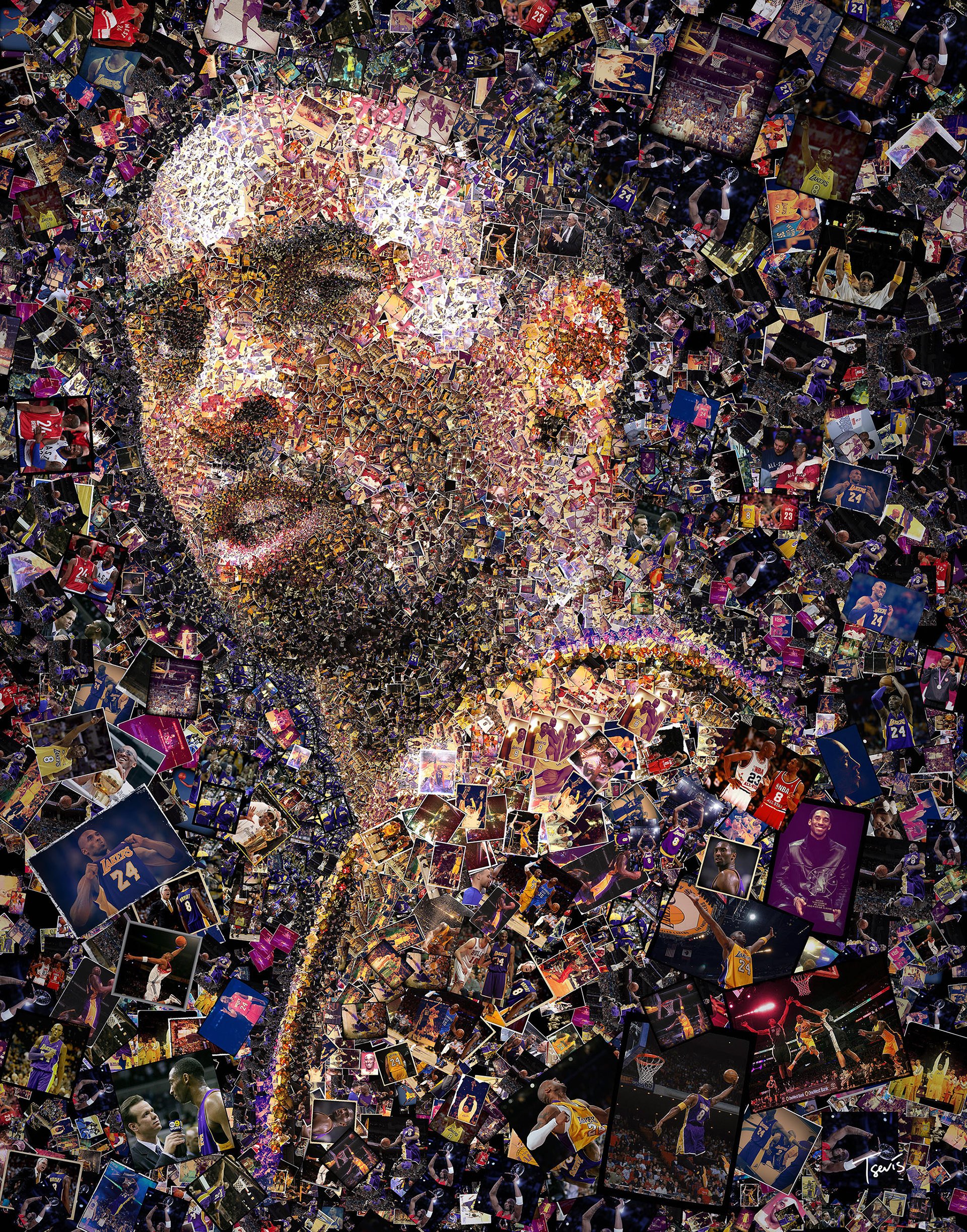 Kobe Bryant photomosaic. Lakers legend in photo history fragments. Mamba farewell tribute.