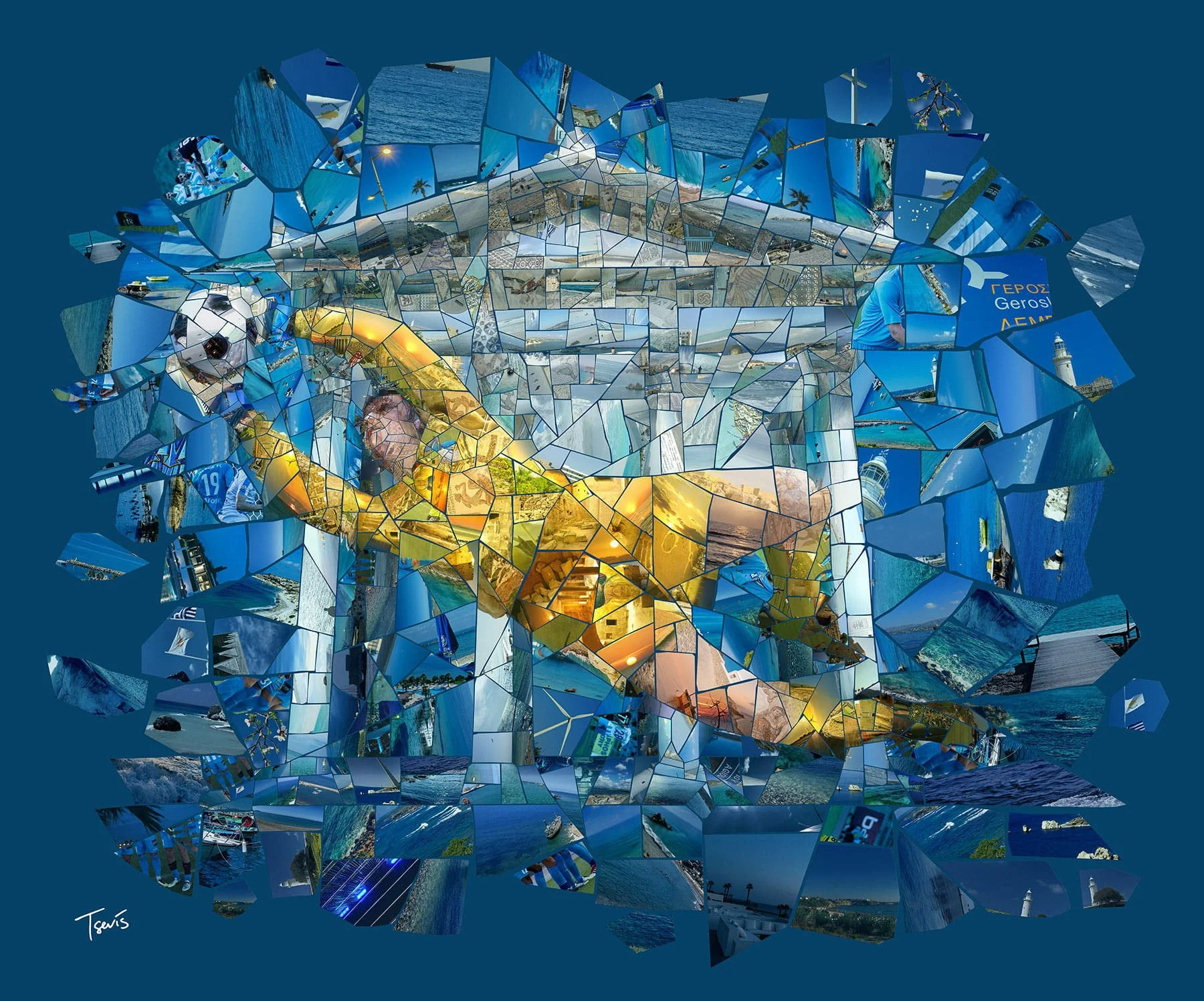 Pafos FC athlete mosaic at the historic gymnasium gate. Photomosaic