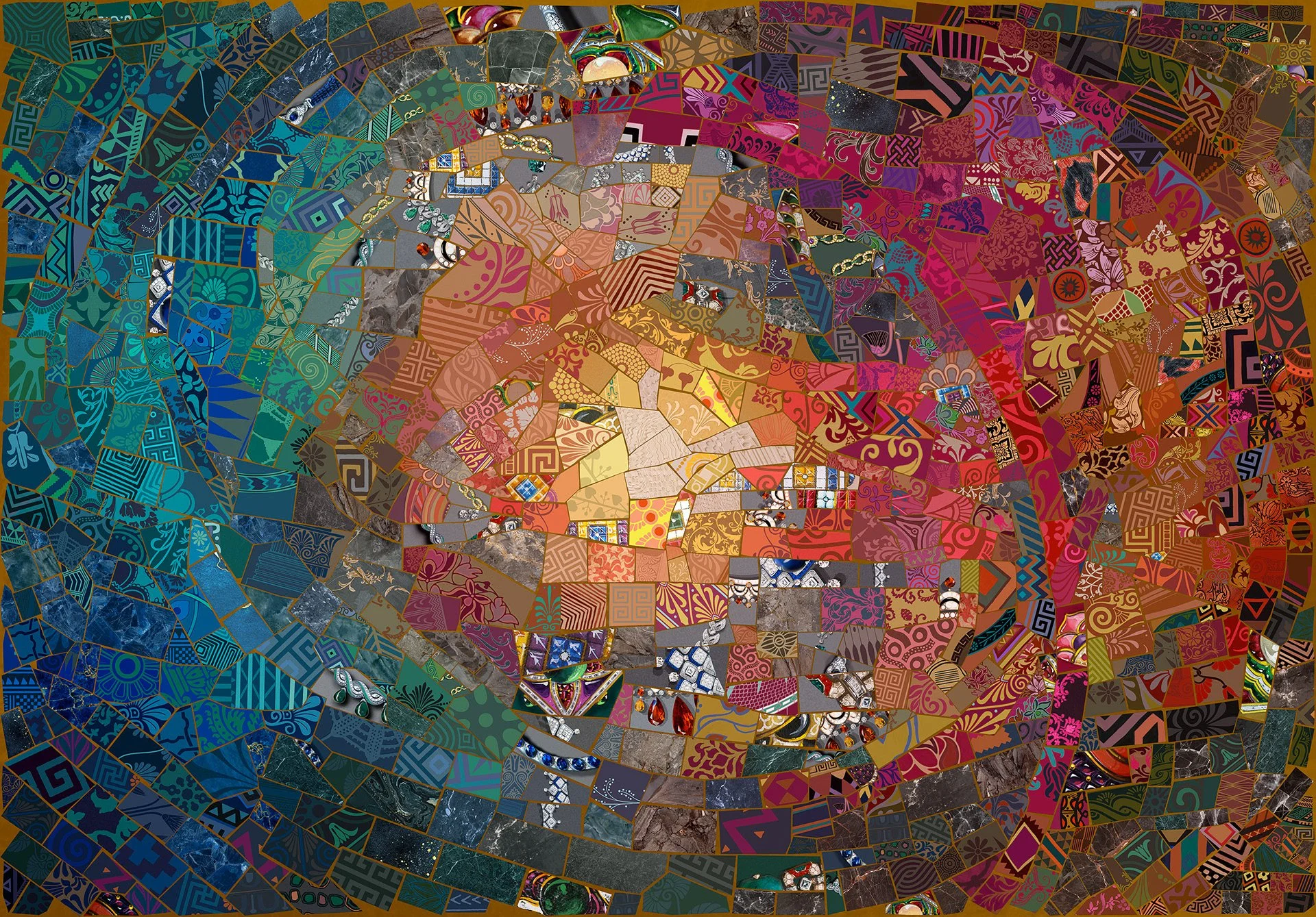 Digital mosaic showcasing a vibrant, swirling pattern of colors and textures, inspired by Mediterranean culture and design