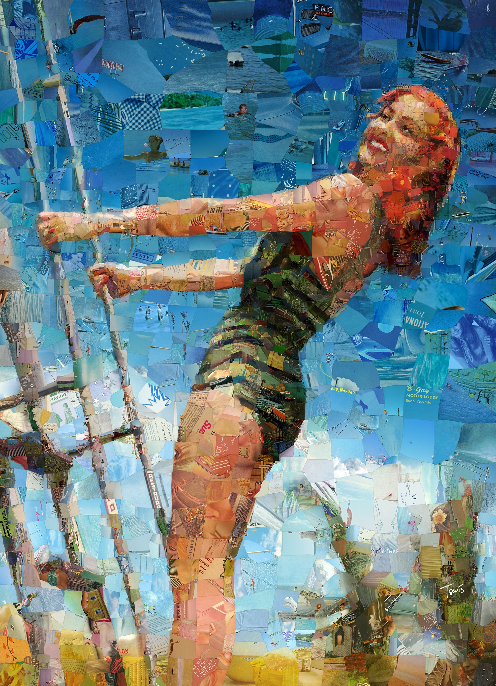 I'll take you there - Retro Summer Girl on Ladder Mosaic Art Print | Playful Pin-Up Beach Scene