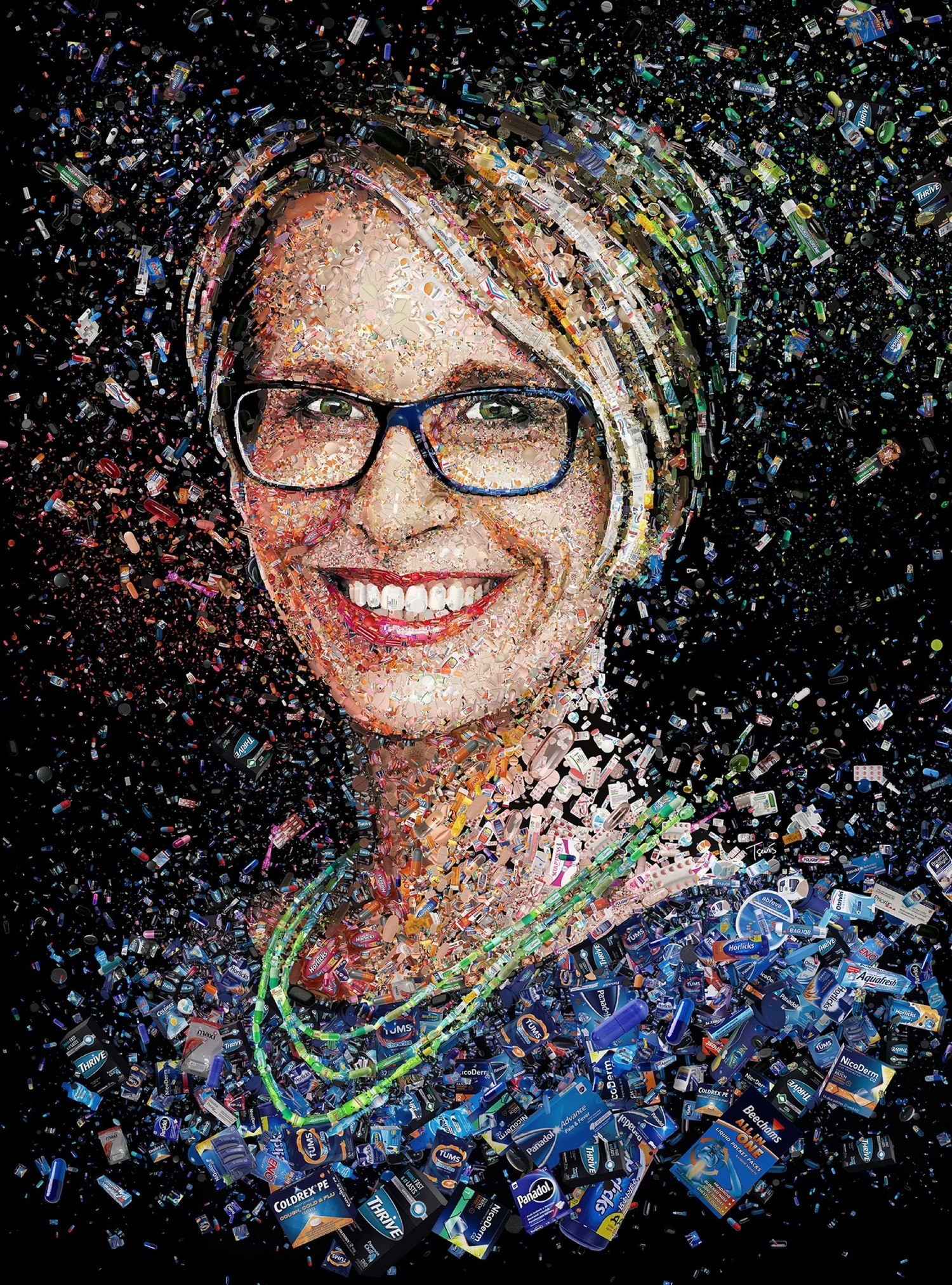 Mosaic portrait of Glaxo Smith Kline's CEO Emma Walmsley made out of her products