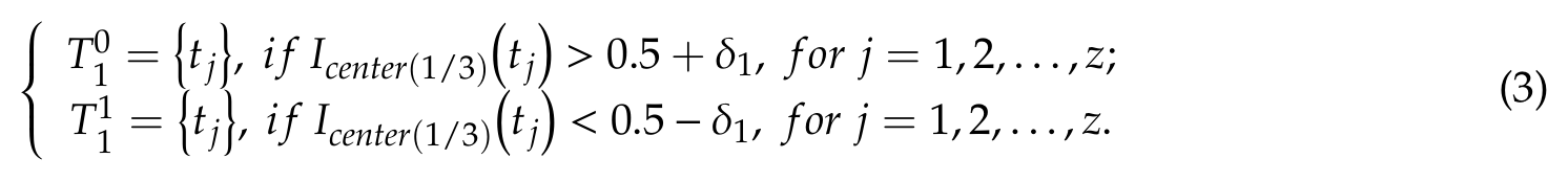 Equation: two tile sets, one with centre luminance above 0.5 plus delta, one below 0.5 minus delta
