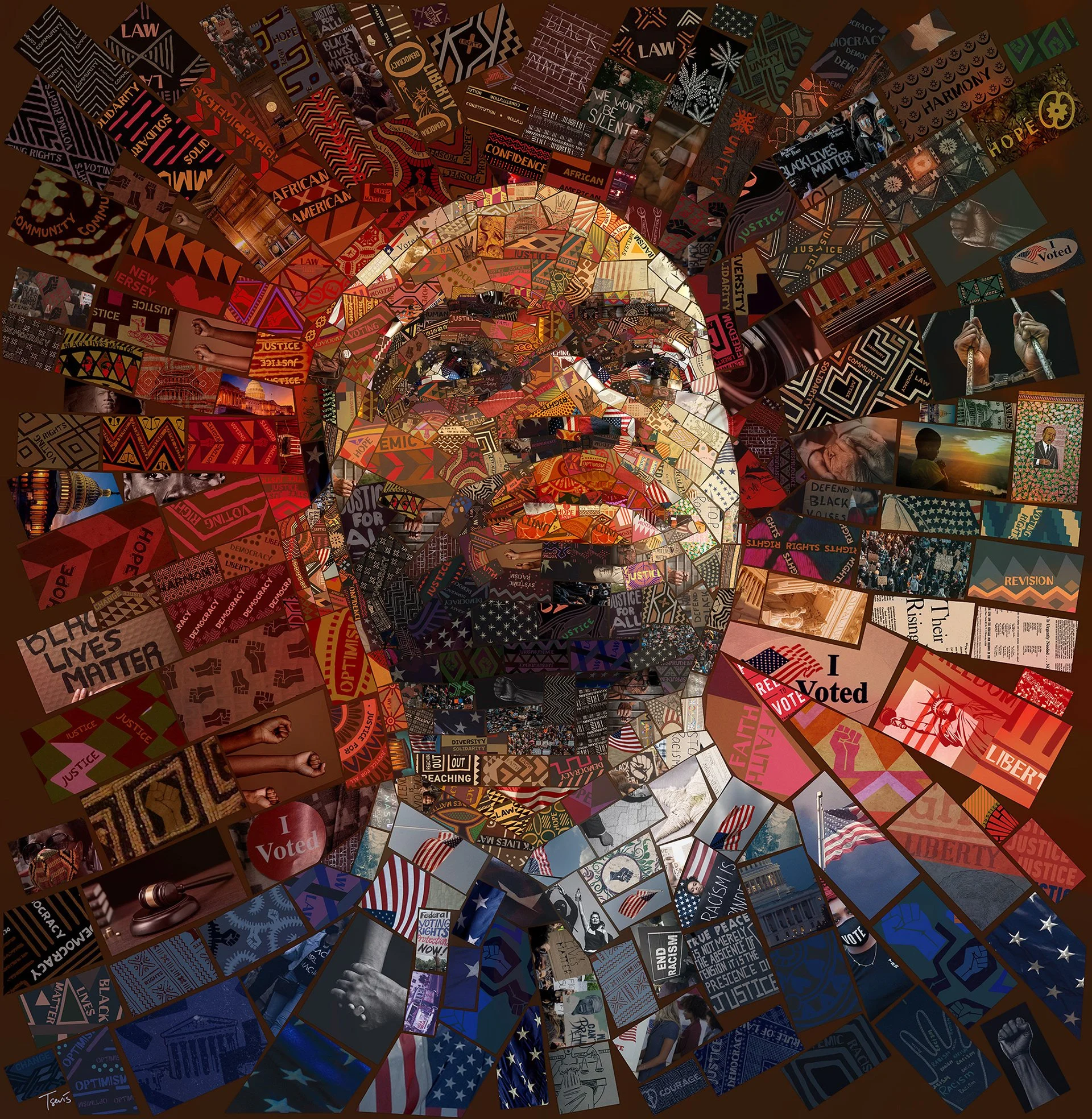 Digital mosaic capturing the essence of justice, activism, and the African American experience through historical and symbolic imagery.