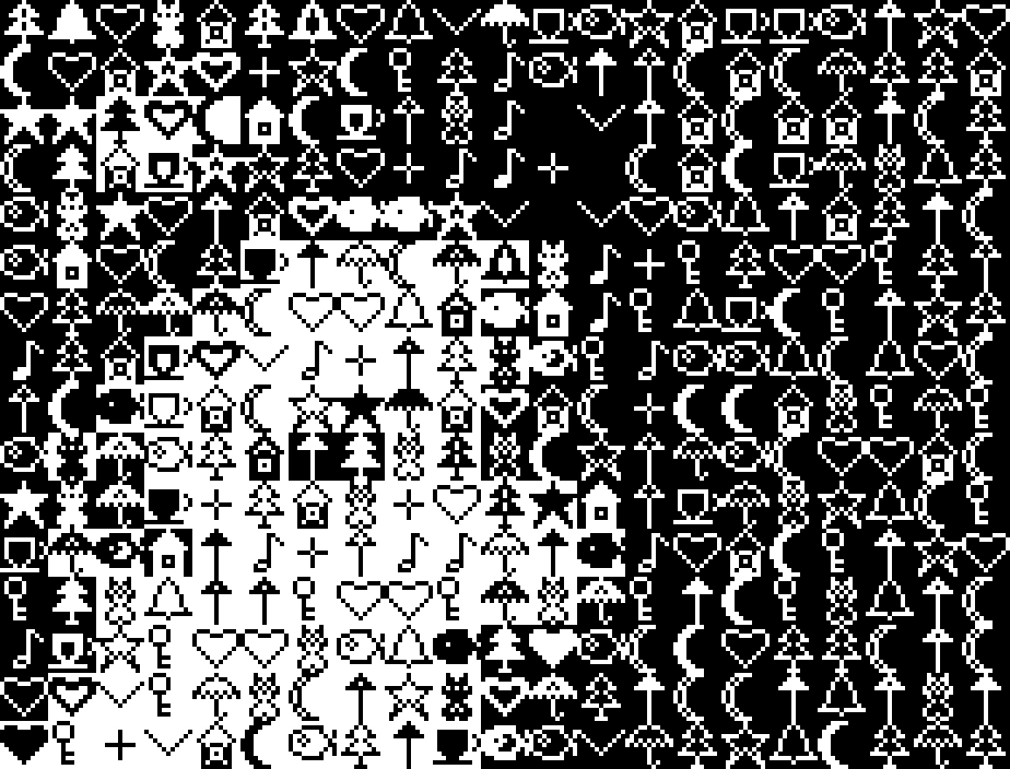 Enlarged detail showing individual pictograms: keys, umbrellas, moons, hearts, houses, crosses
