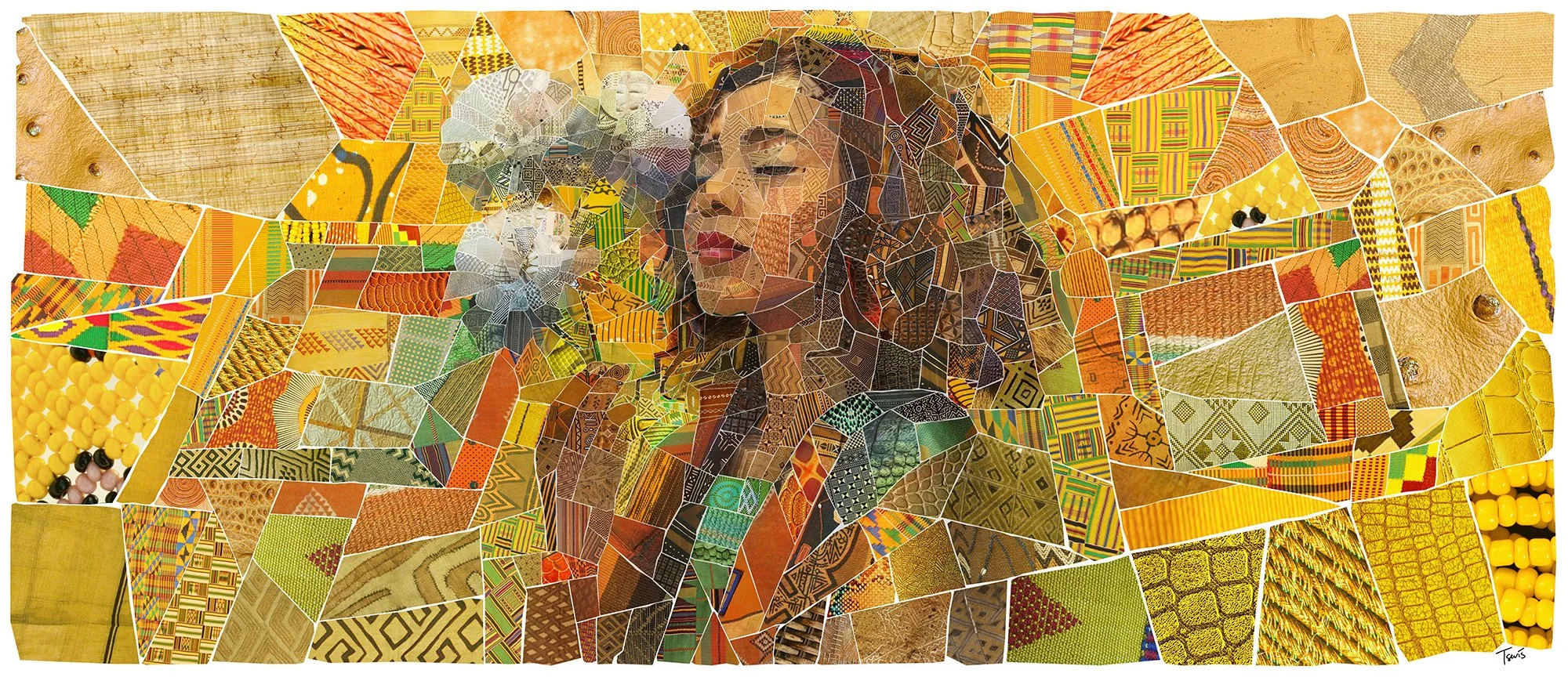 Golden Mosaic Portrait in African Textiles | Contemporary Floral Art Print