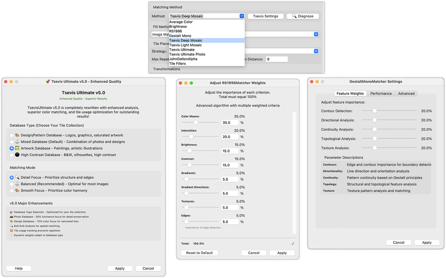 Mozaix application interface showing Tsevis Ultimate, RS1996Matcher, and GestaltMonoMatcher algorithm control panels for custom digital mosaic creation