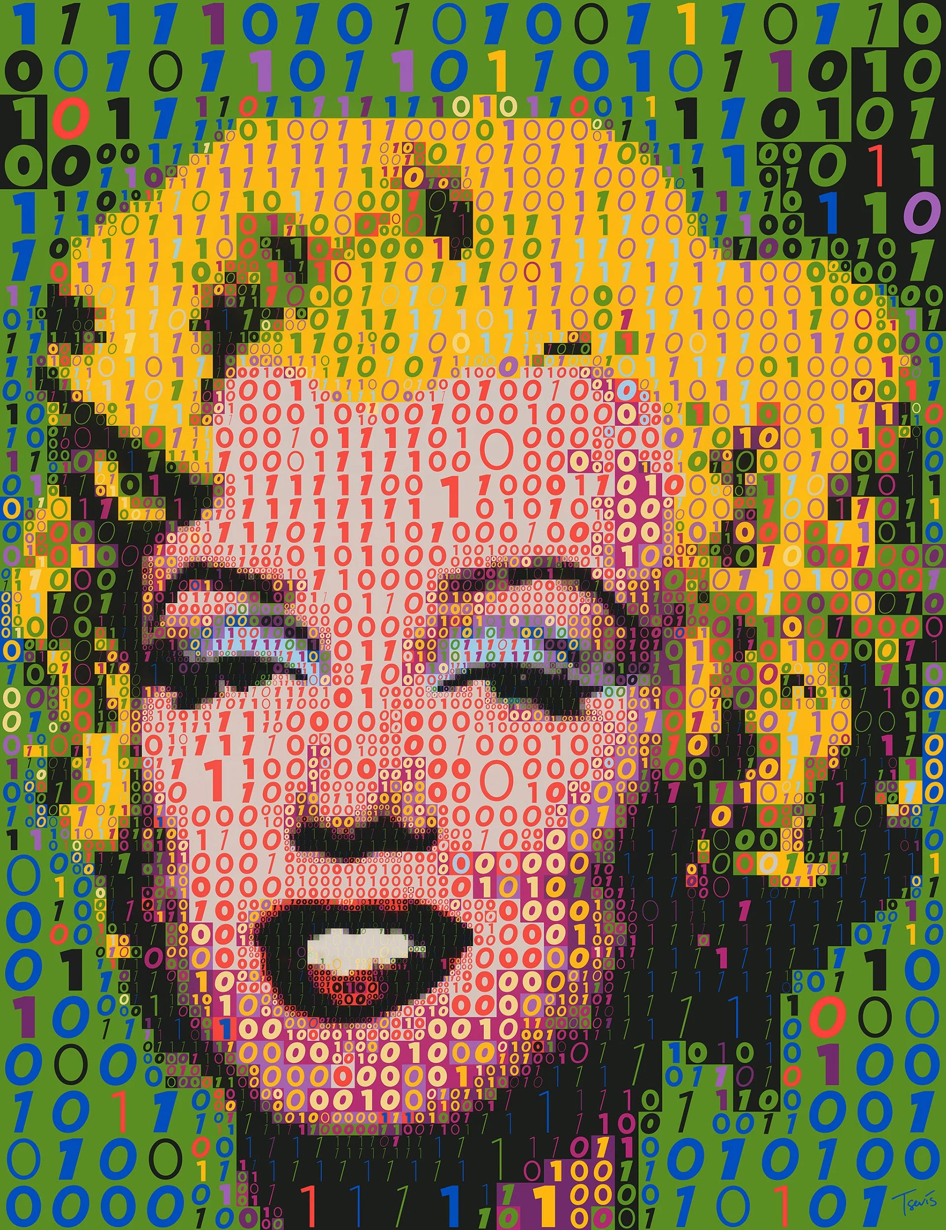 Marilyn Monroe binary mosaic – Warhol pop art icon rendered in computer code.