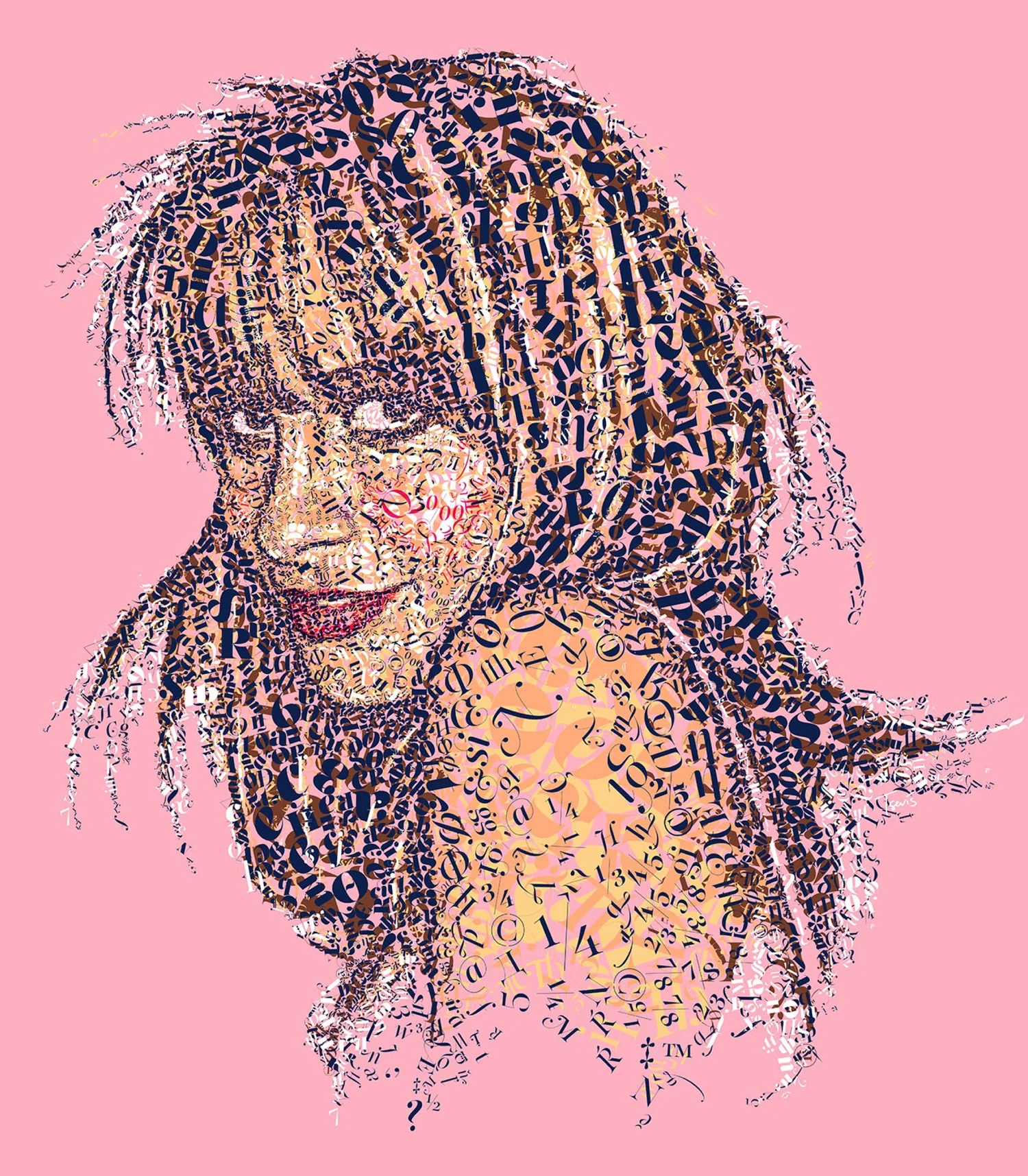 A vibrant mosaic portrait of Greek South African musician Christina Rodokanakis, created using the elegant PF Regal typeface. The composition is layered with various characters and symbols in shades of brown, blue, and yellow, forming a detailed representation of her face against a soft pink background.