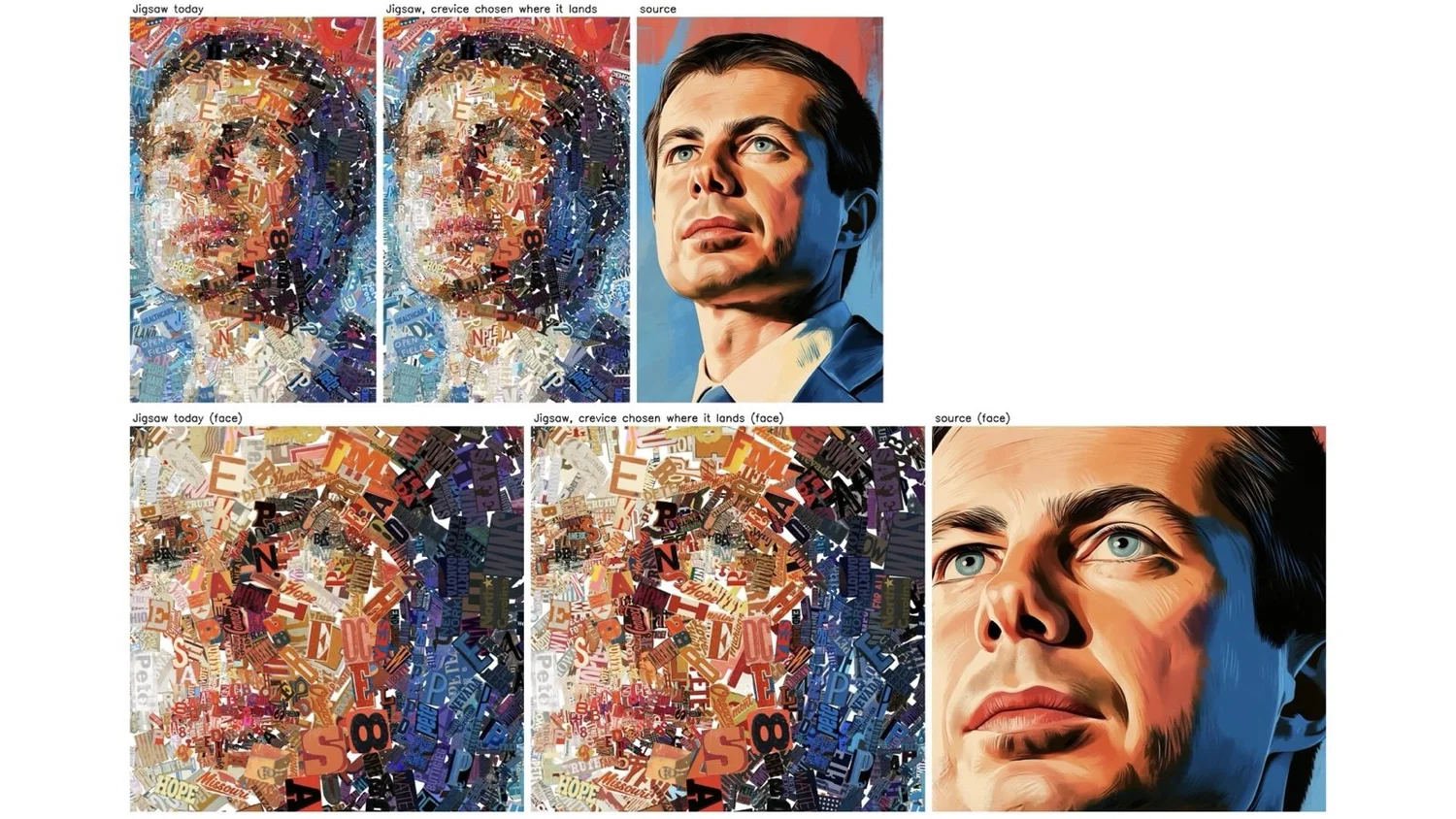 Two rows of three images comparing a man's portrait: the original painted source on the right, and two mosaic versions on the left made of irregular, tightly fitted fragments, shown in full and as a close-up of the face.