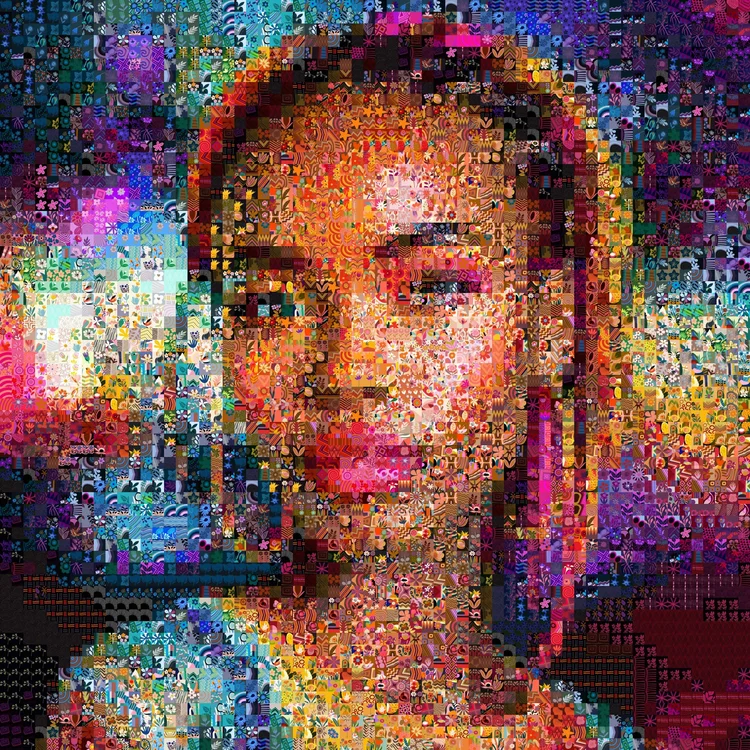 Mosaic portrait of a woman built from illustrated tiles by the Mozaix Caratheodory Measure matcher
