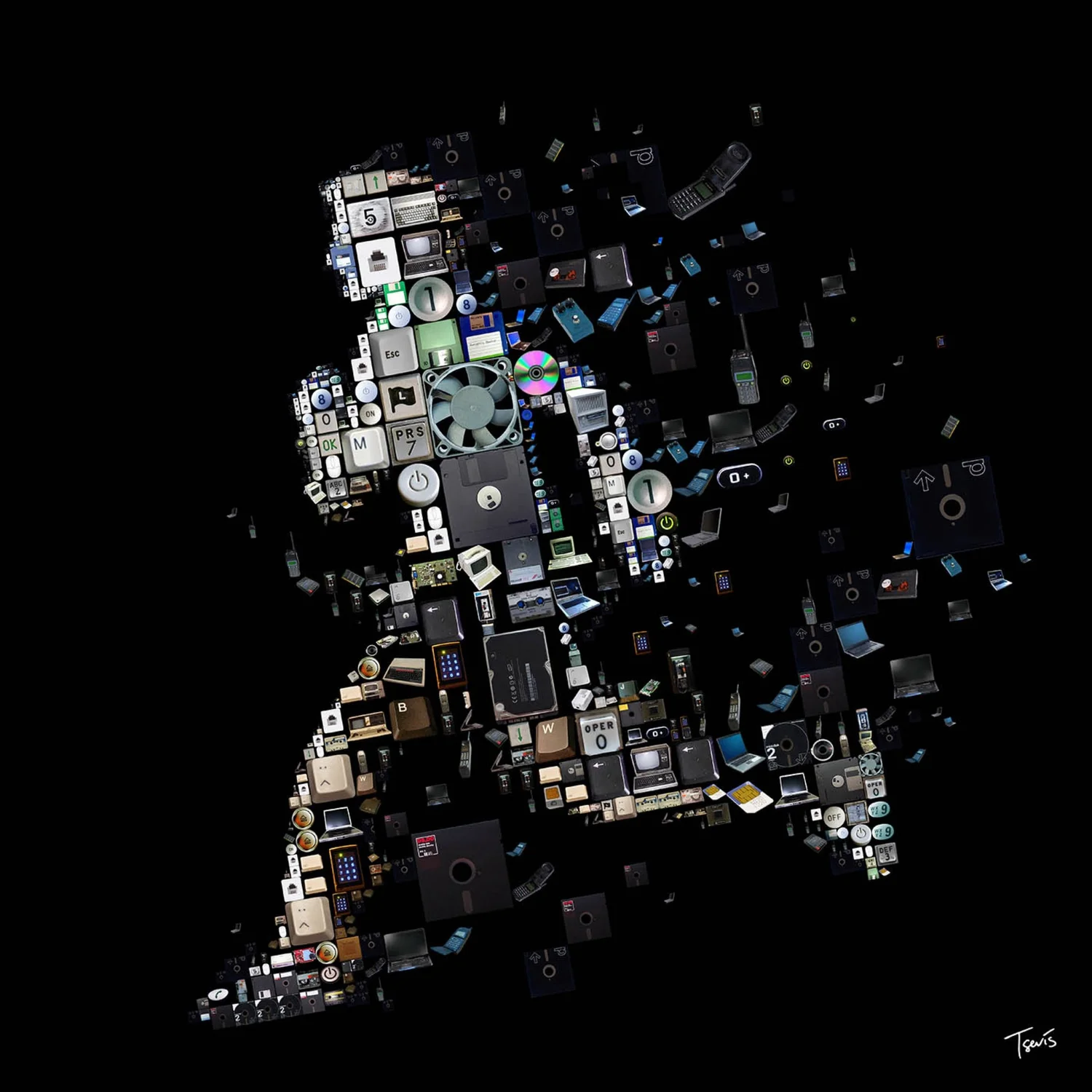 Mosaic artwork showing a human silhouette made from various technology objects including computer keyboards, phones, circuit boards, and electronic devices arranged against a black background.