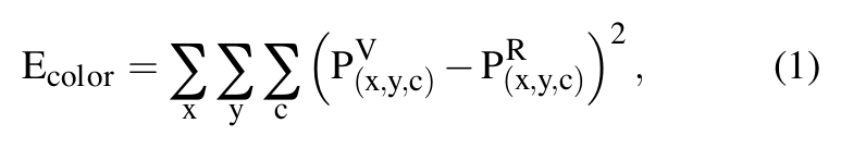 Equation: E color as a triple sum of squared Voronoi-minus-reference pixel differences