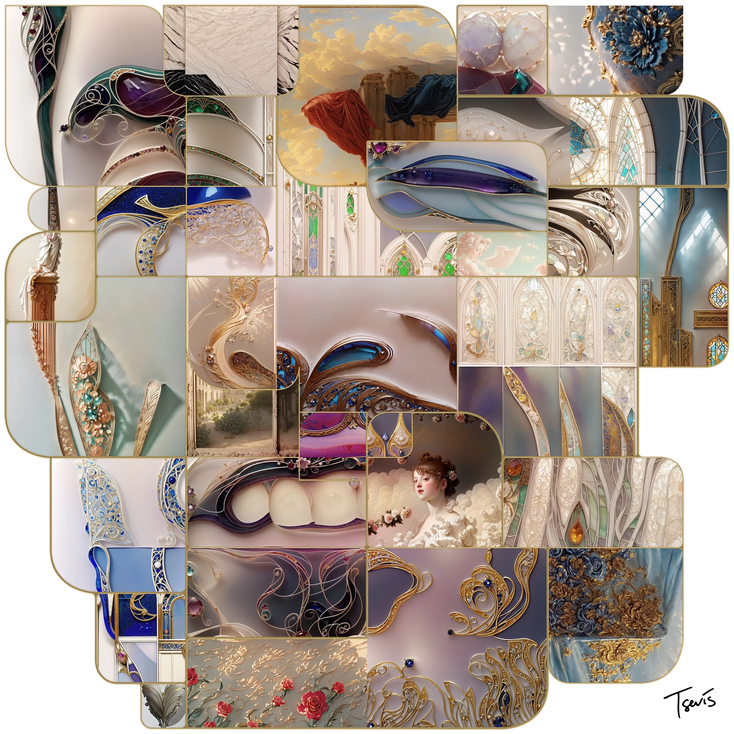 Miltos Tentoglou, Paris 2024 Olympic portrait. Greek long jumper rendered in classical form, surrounded by Parisian metro ironwork motifs. Art Nouveau frames kinetic athleticism. Digital mosaic from the Olympic Hopefuls series.