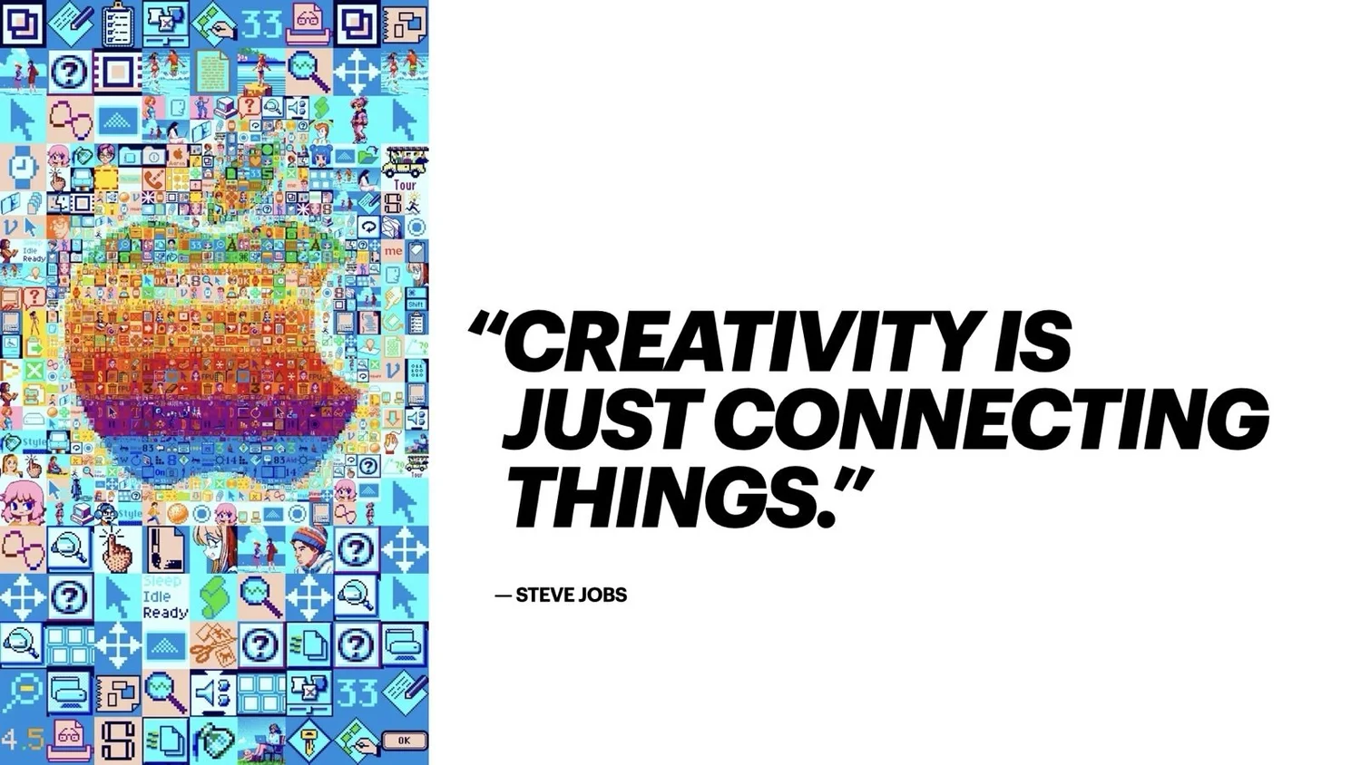 A tall mosaic of the Apple logo made of many small colourful images, beside the quotation “Creativity is just connecting things” attributed to Steve Jobs.