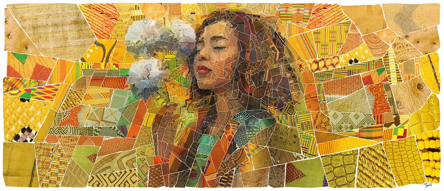 Wide digital mosaic of a woman with closed eyes and white flowers, built from yellow and gold African pattern tiles