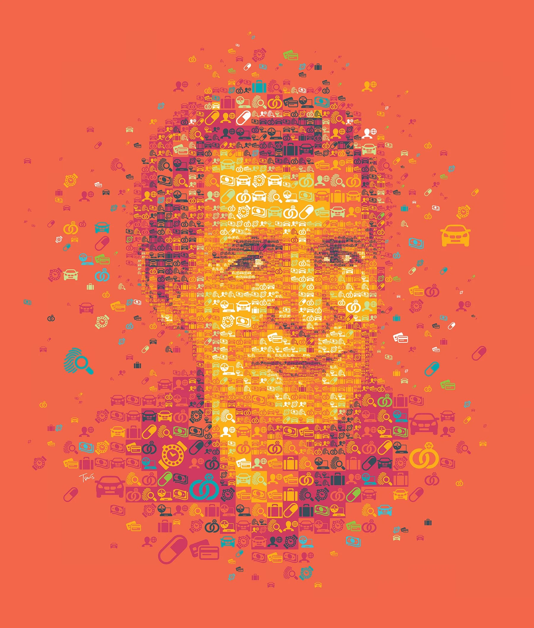 A middle-aged guy made out of icons for automotive, jewelry, banking, medicine, travel, and shopping.