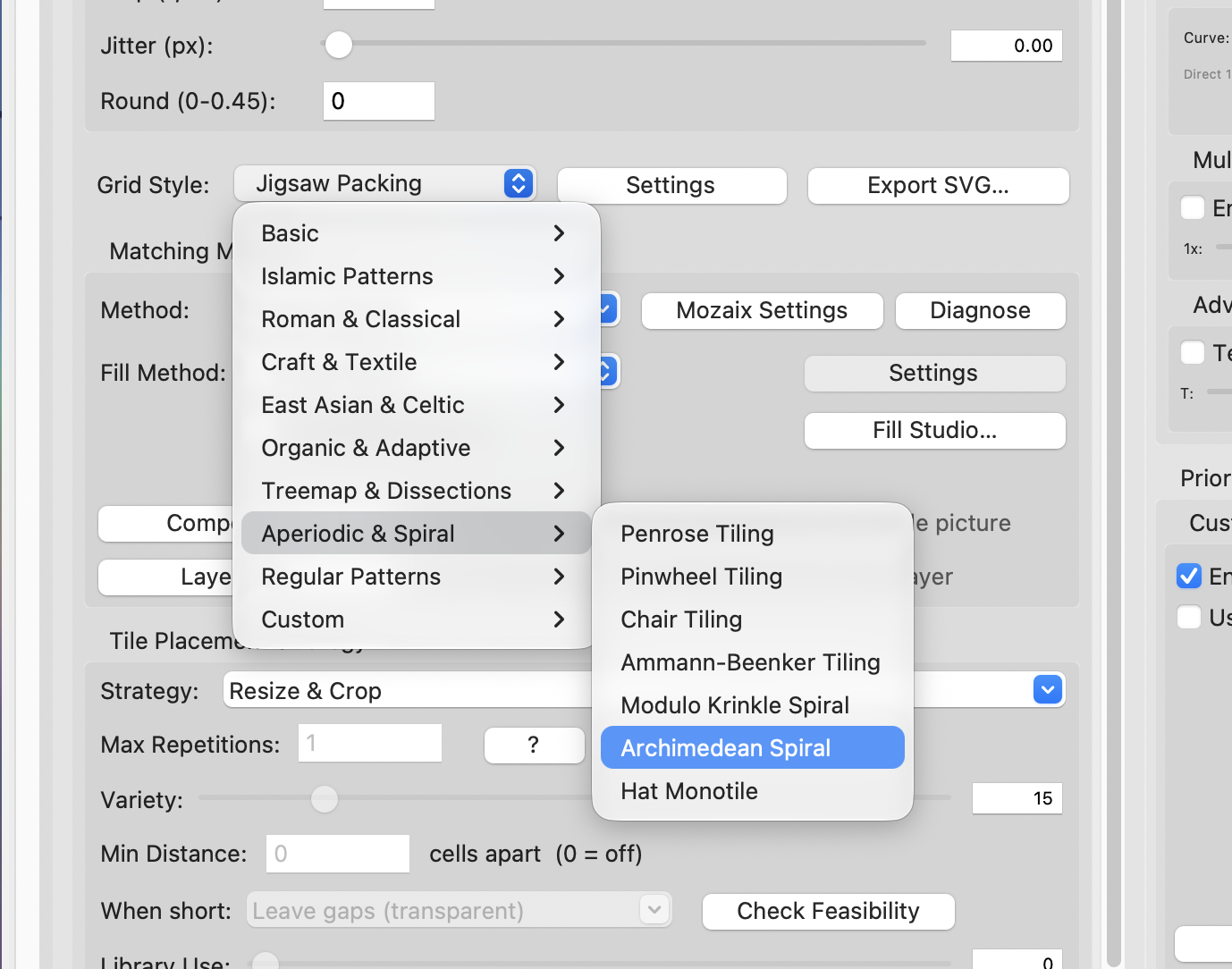 Screenshot of the Mozaix grid style menu with categories including Islamic Patterns and Roman and Classical, and an open submenu of aperiodic tilings and spirals including Penrose, Ammann-Beenker and Hat Monotile