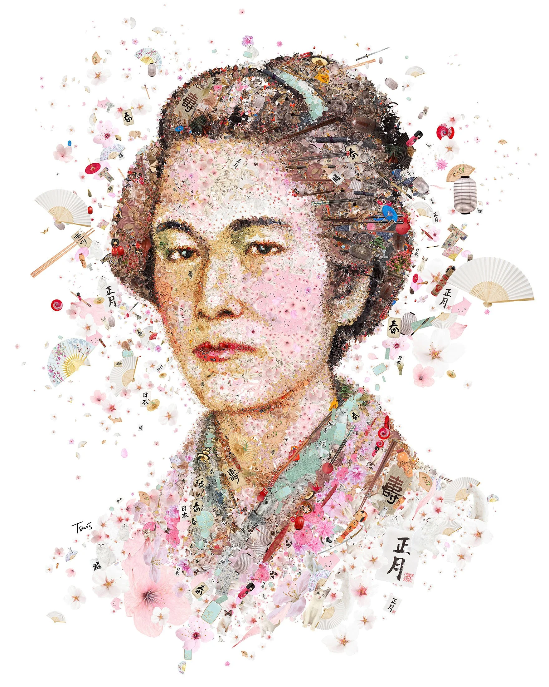 Nakano Takeko samurai mosaic – woman warrior from traditional Japanese objects, and cats.