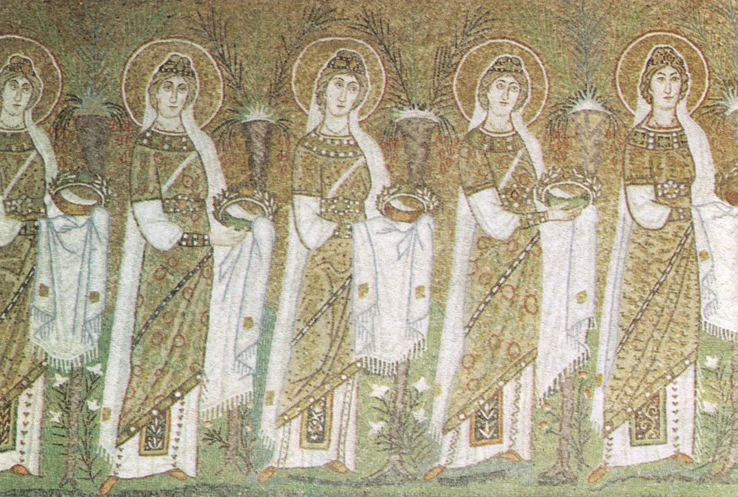 Row of crowned female saints in jewelled robes walking between palm trees, glass and gold mosaic