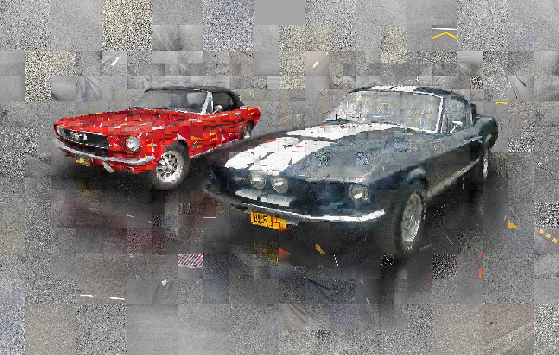 Mustang rear mosaic from tarmac pieces.