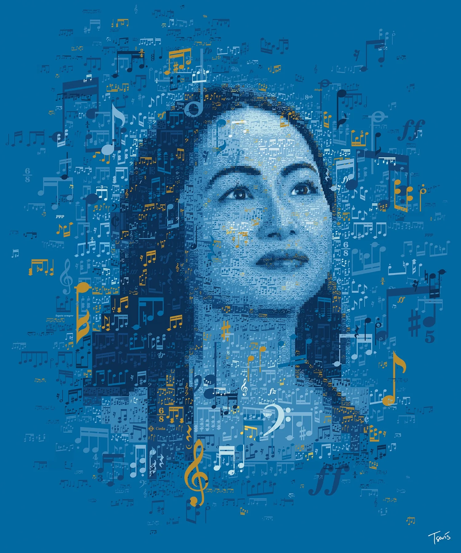 Mosaic portrait of Mari Kawamura, musical notes illustration