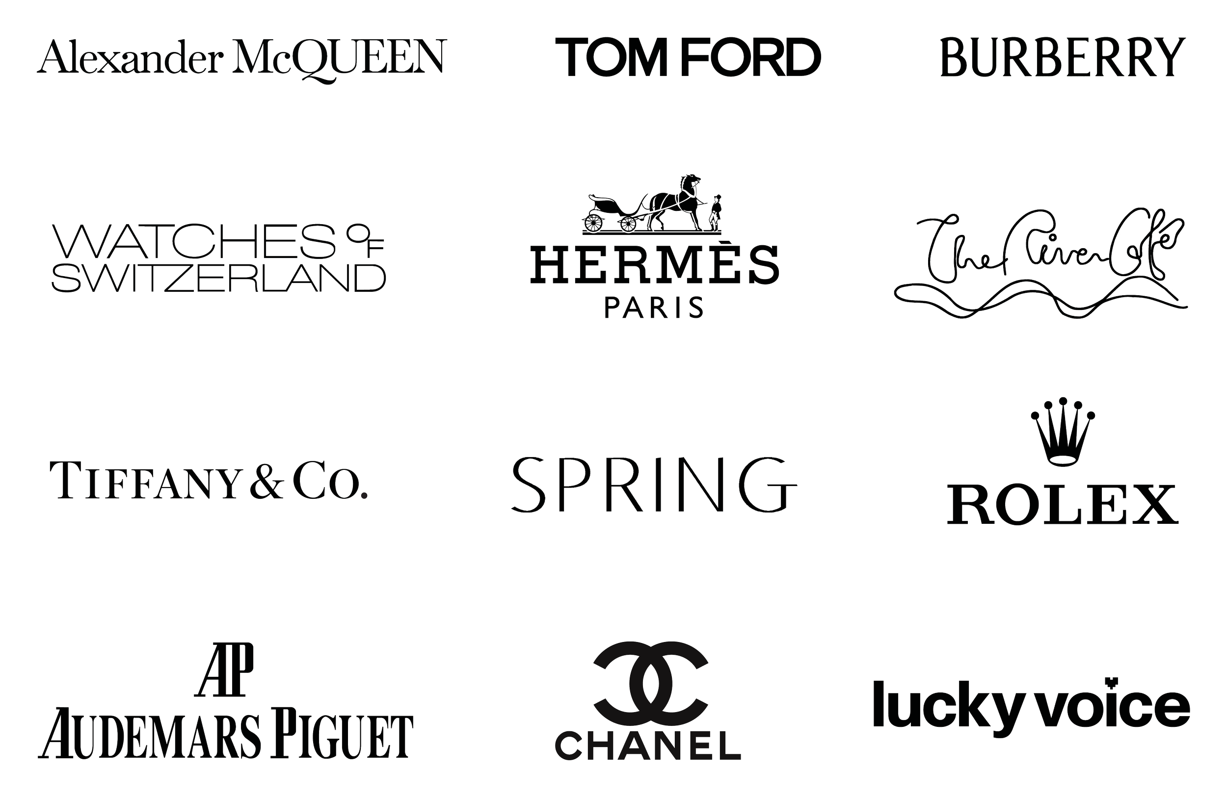 A grid of client brand logos, including Alexander McQueen, Tom Ford, Burberry, Watches of Switzerland, Hermès Paris, The River Cafe, Tiffany & Co., Spring, Rolex, Audemars Piguet, Chanel, and Lucky Voice.