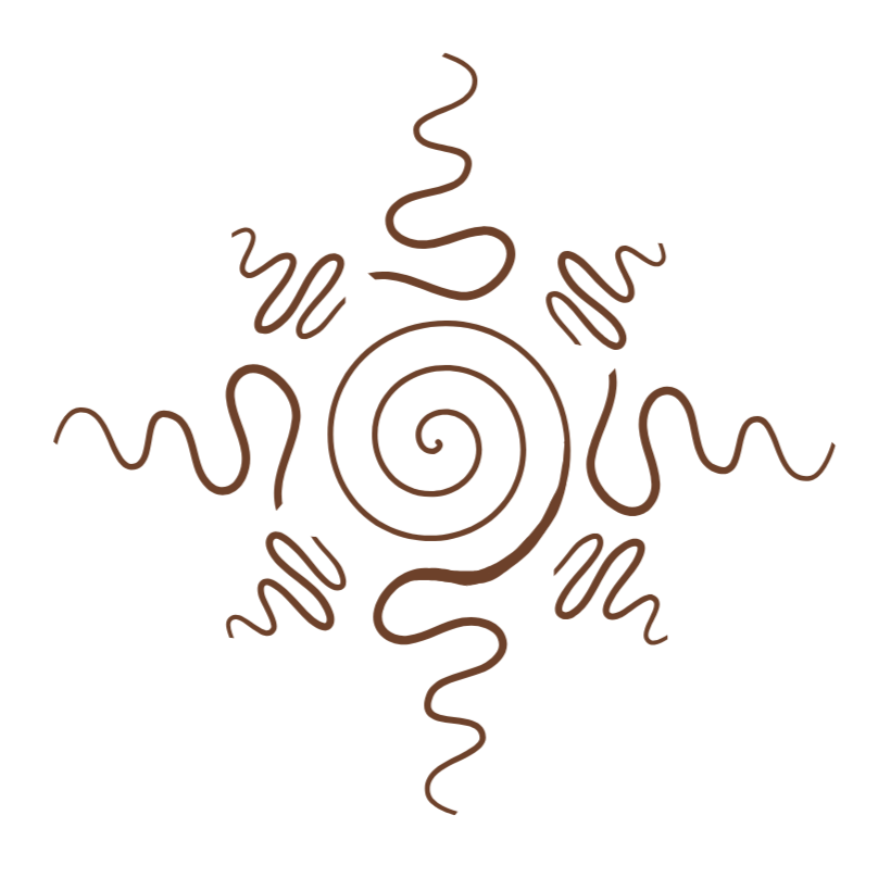 A stylized spiral and wavy lines in brown on a black background, creating an abstract pattern.