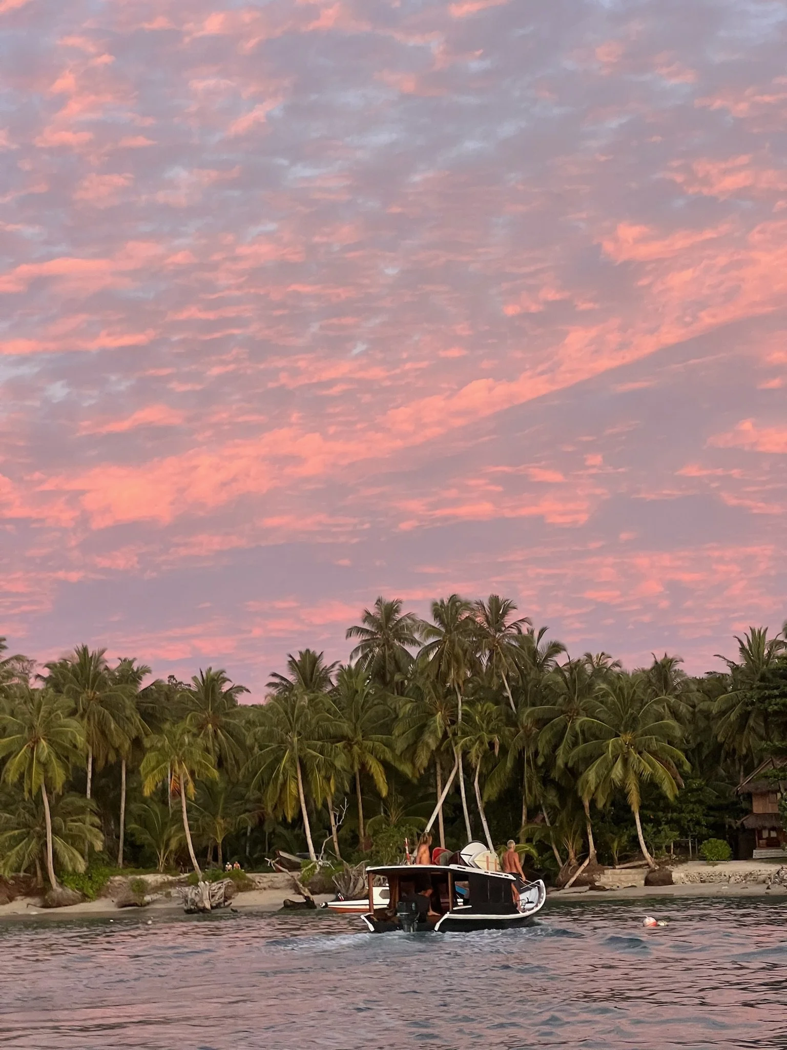 A boat on the water near a tropical shoreline with palm trees and a colorful sunset sky.