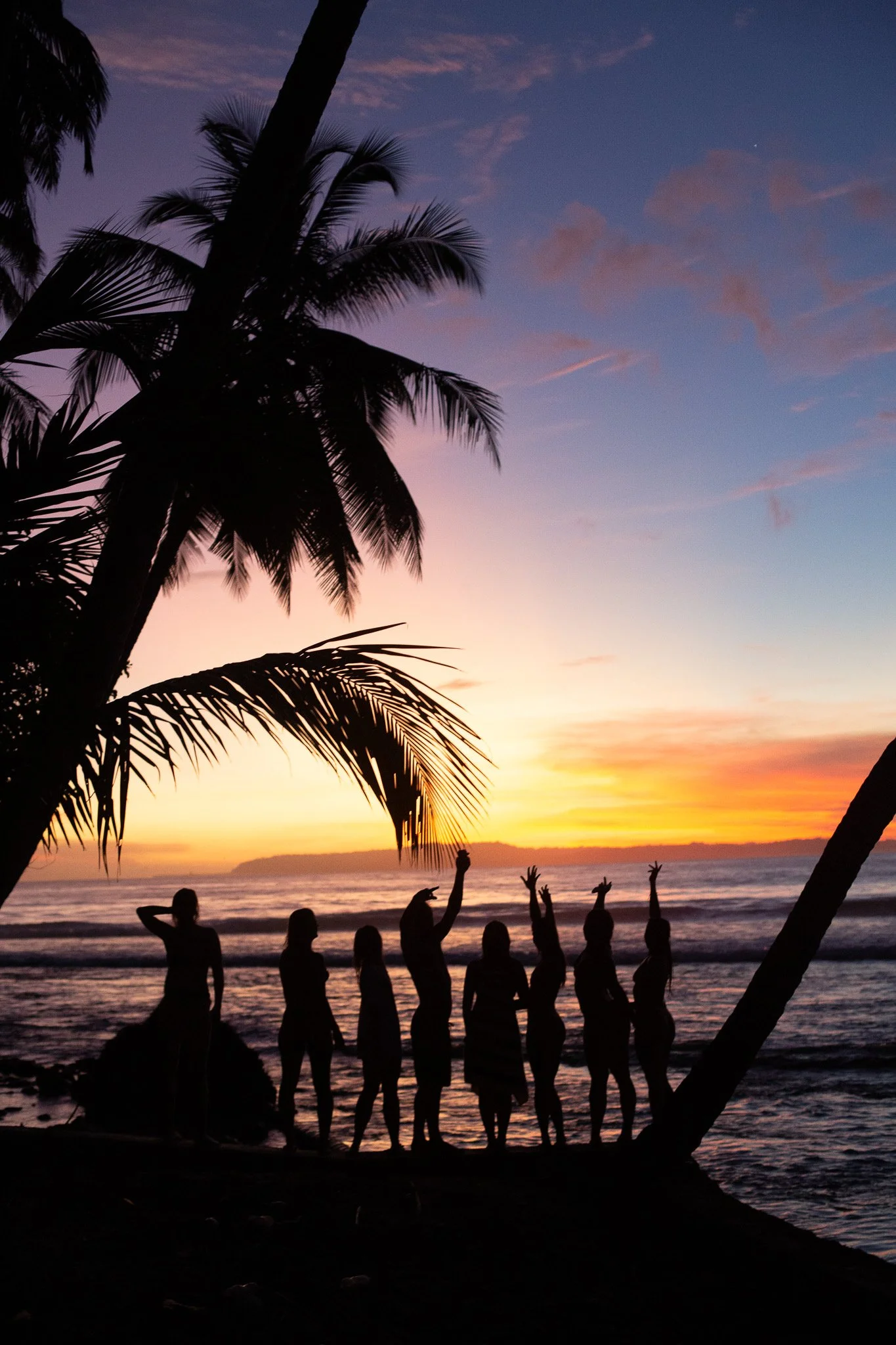 Silhouettes of people standing on the beach, some with hands raised, with palm trees and a colorful sunset over the ocean in the background.
