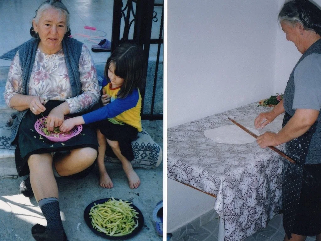 Left side: An elderly woman and a young girl sitting outside, peeling yellow squash. Right side: An elderly woman rolling out dough on a table in a kitchen.