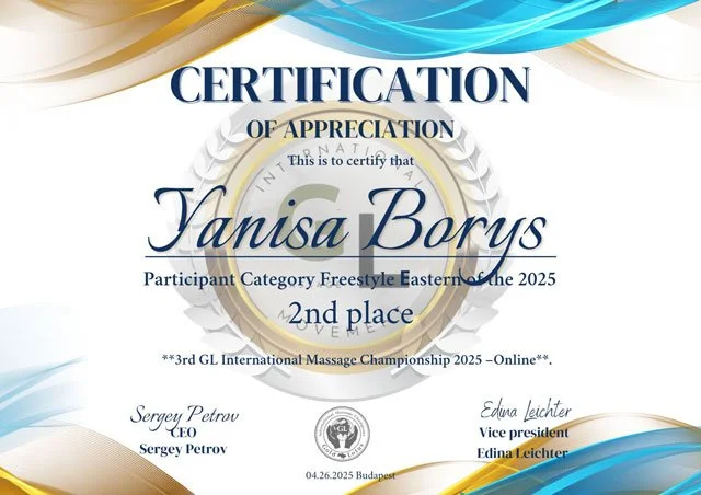 Urkunde für Vanisa Borus als Zweitplatzierte bei einem internationalen Massagewettbewerb 2025, online, in Budapest, mit Unterschriften von Sergej Petrov und Edina Leichter, Datum 04.26.2025.
