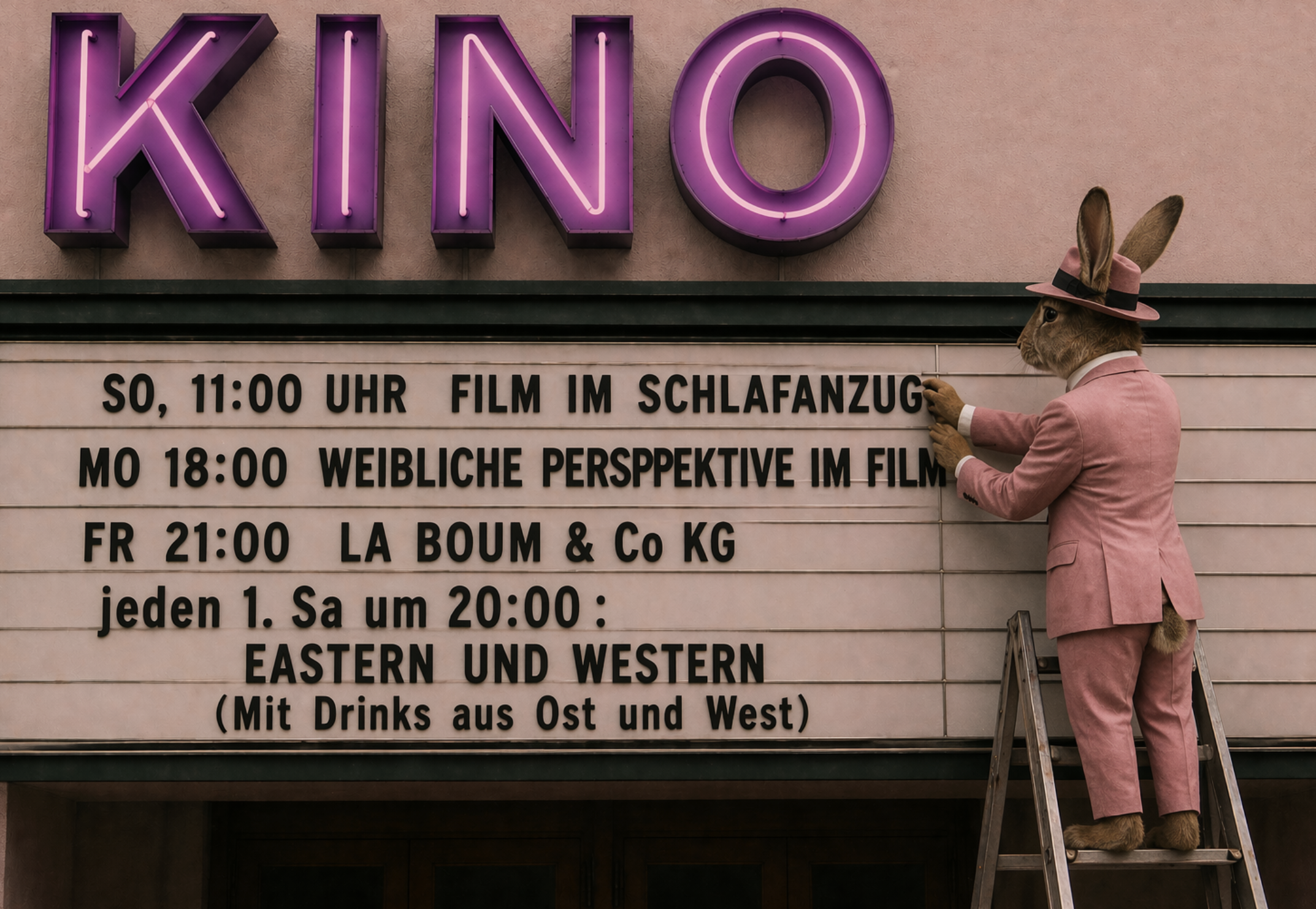 Hase im rosa Anzug wechselt den Kinoanzeiger - ganz schön viele Veranstaltungen sind darauf zu lesen