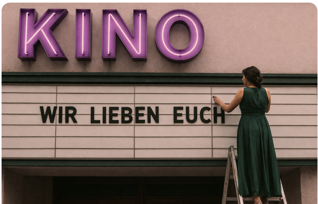 Frau auf der Leiter im Abendkleid ändert Buchstaben am Anzeiger zu: Wir lieben Euch