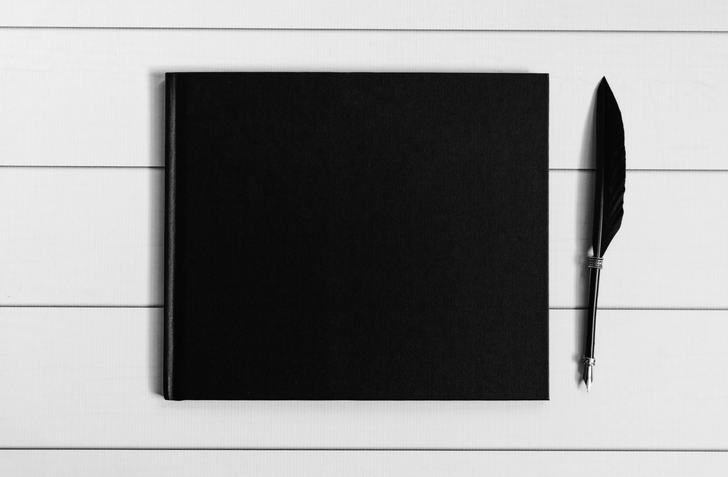 A closed black notebook and a black feather pen on a white wooden surface.