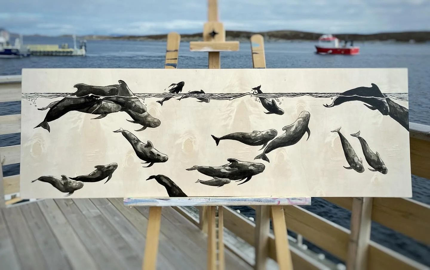 120x40cm acrylic on plywood - Pod of Pilot whales 🐬 I was asked to decorate a local caf&eacute; @alohacafetrena so I thought this was a perfect chance to try out art on plywood! I&rsquo;m liking it a lot so far - plywood has a life of its own. The a