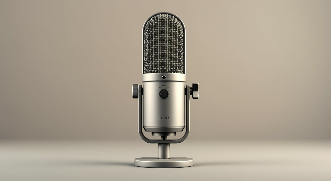 A silver desktop studio microphone with black grille on a stand against a plain background.