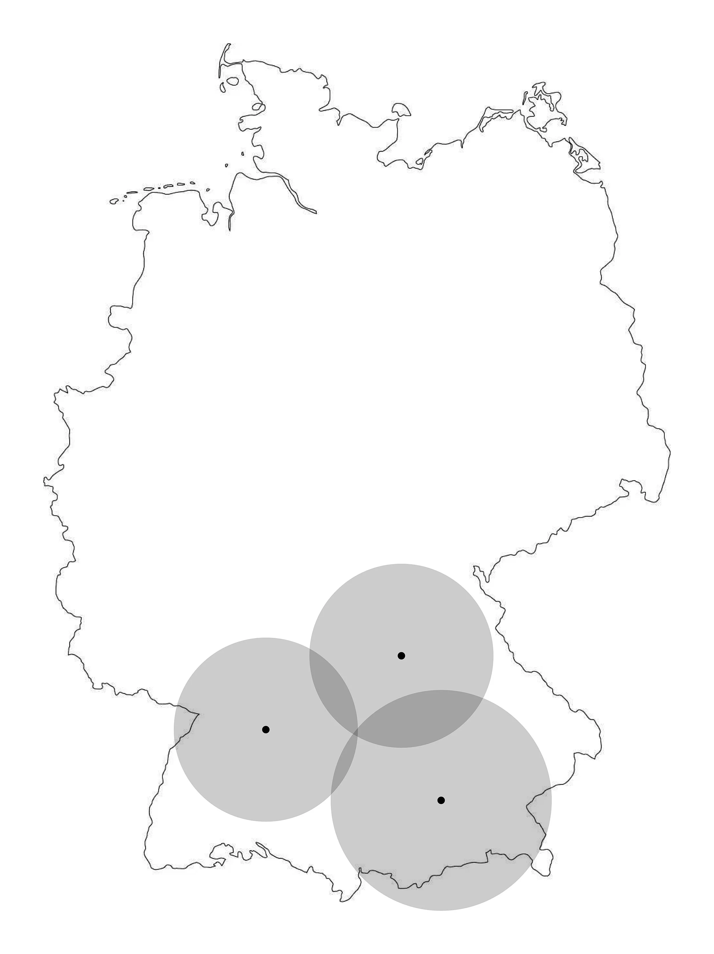 Karte von Deutschland mit drei kreisförmigen Markierungen im südlichen Bereich.