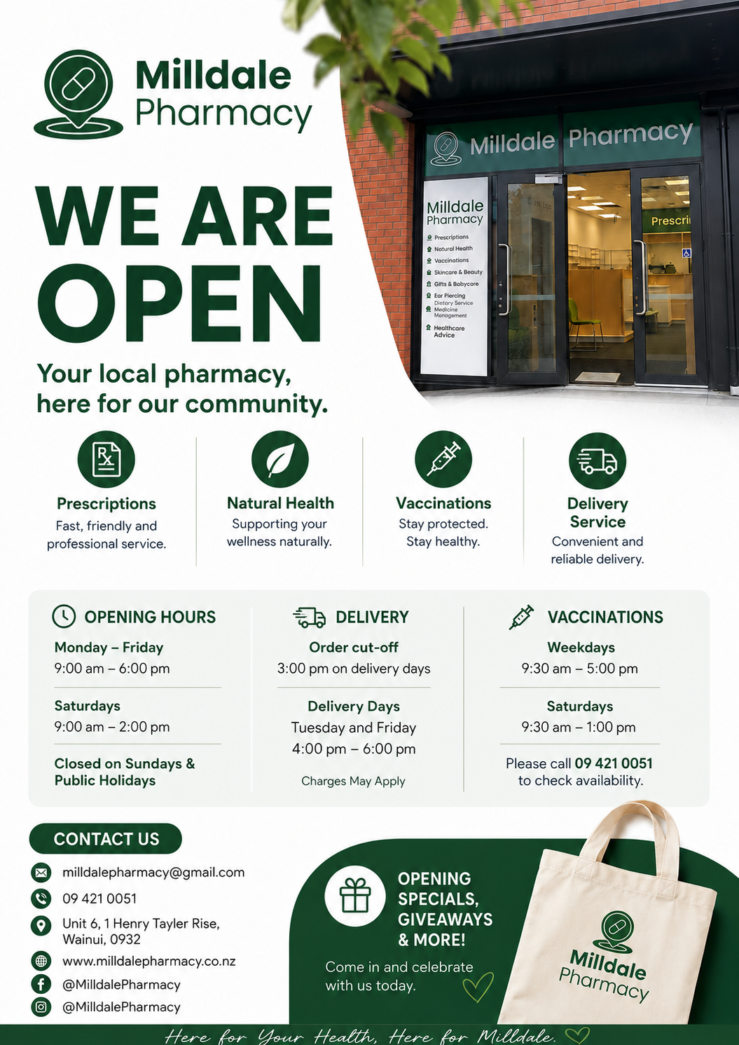 Sign for Milldale Pharmacy announcing it is open with services listed including prescriptions, natural health, vaccinations, and delivery service. Details on hours, delivery, and vaccination schedule are provided along with contact information and a promotional message about specials and giveaways.
