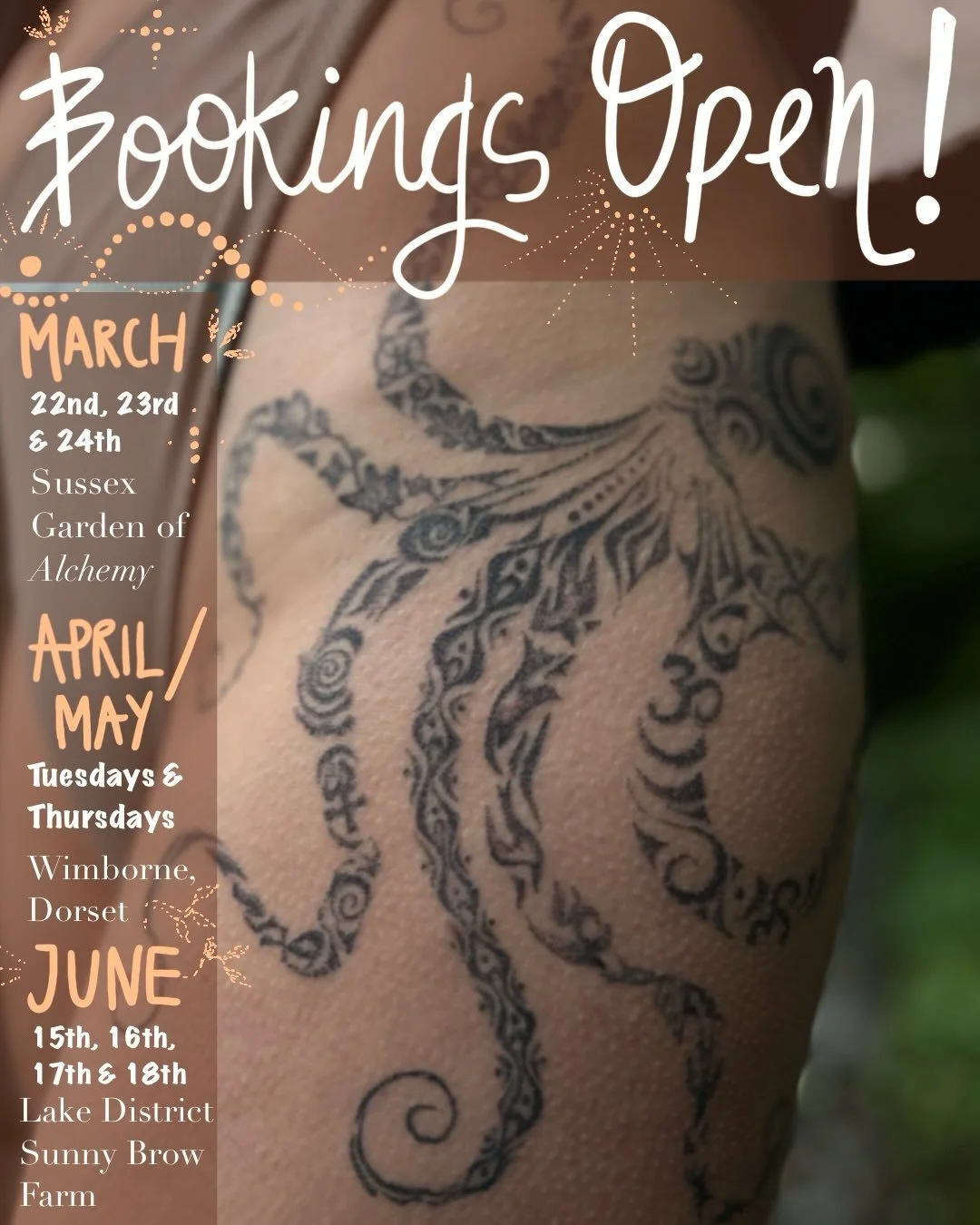 Im so happy to announce my bookings are now open for this spring season! 🫶🏼

MARCH ~ I&rsquo;ll be back at @garden_of_alchemy in Uckfield Sussex 22nd, 23rd &amp; 24th March 

APRIL - MAY ~ Wimborne, Dorset 
Tattoo ceremonies on Tuesdays full day an