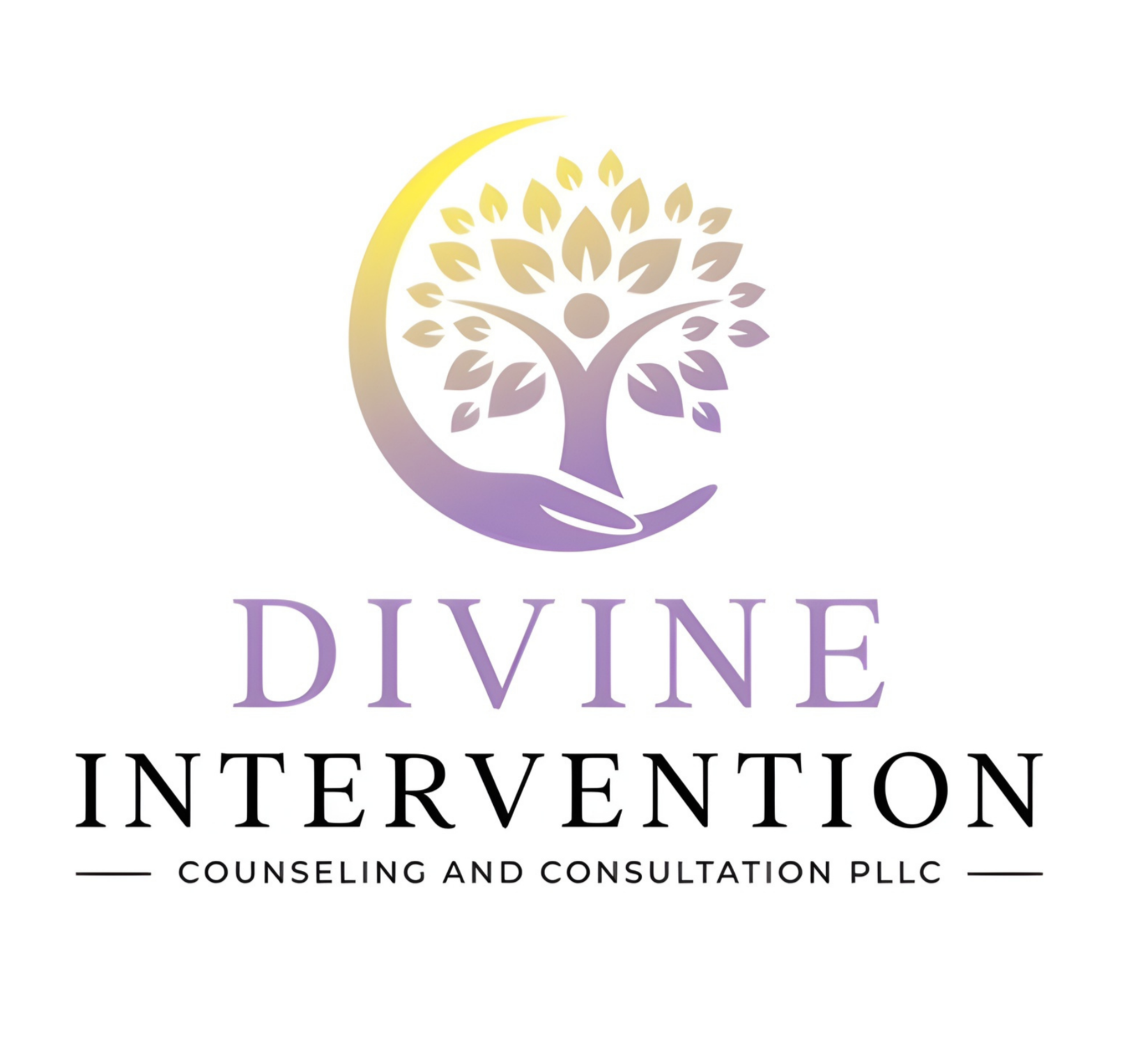 Logo for Divine Intervention Counseling and Consultation PLLC, featuring a stylized tree with a figure in the branches, supported by a hand, with a gradient color scheme of yellow, purple, and gray.