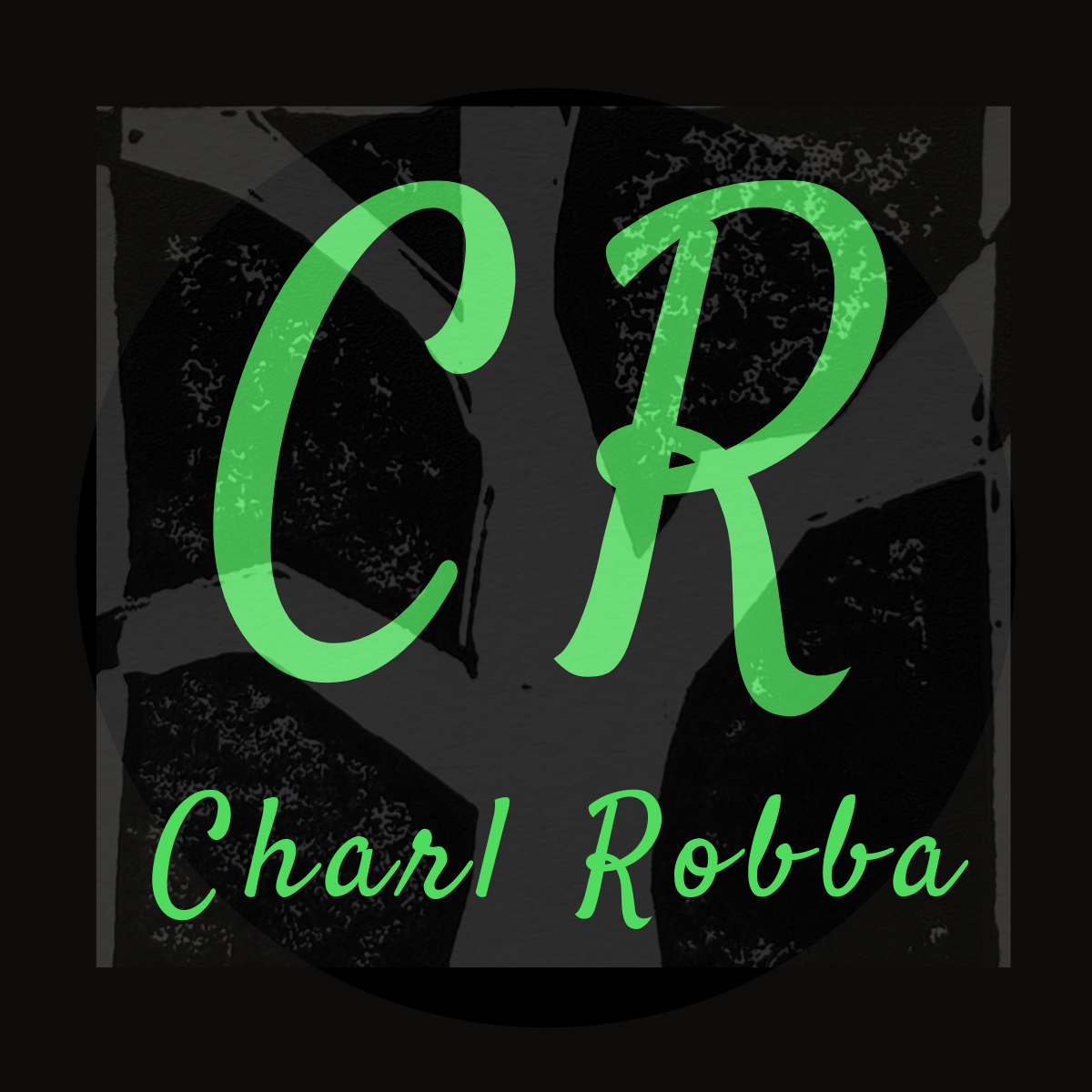 Design with a black background, green stylized initials 'C' and 'R', and the name 'Charl Robba' written in green cursive below.