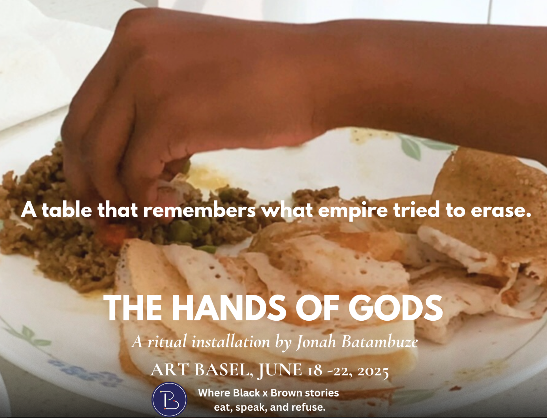 Installation image from The Hands of Gods, where food ritual, gesture, and collective memory become acts of cultural remembrance.