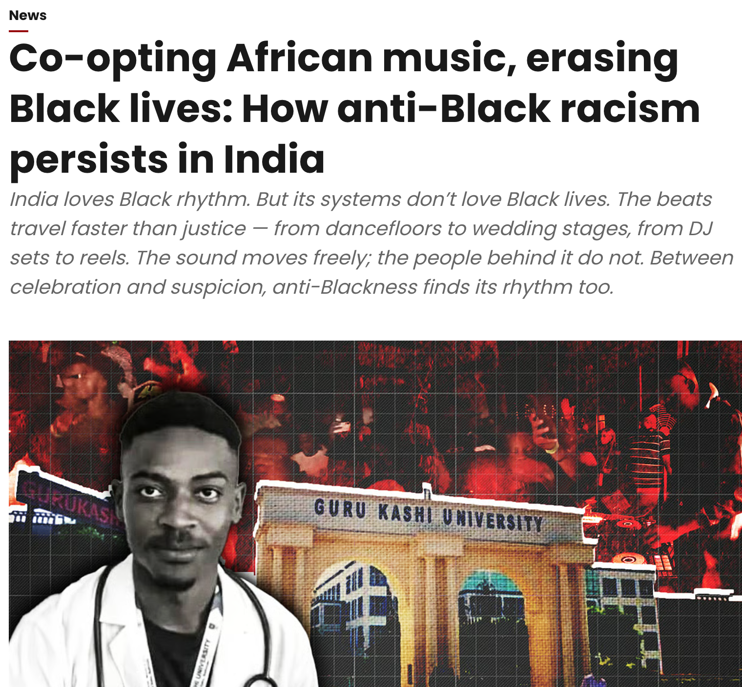 Visual essay exploring how African music circulates within Indian popular culture while anti-Blackness persists socially and institutionally.
