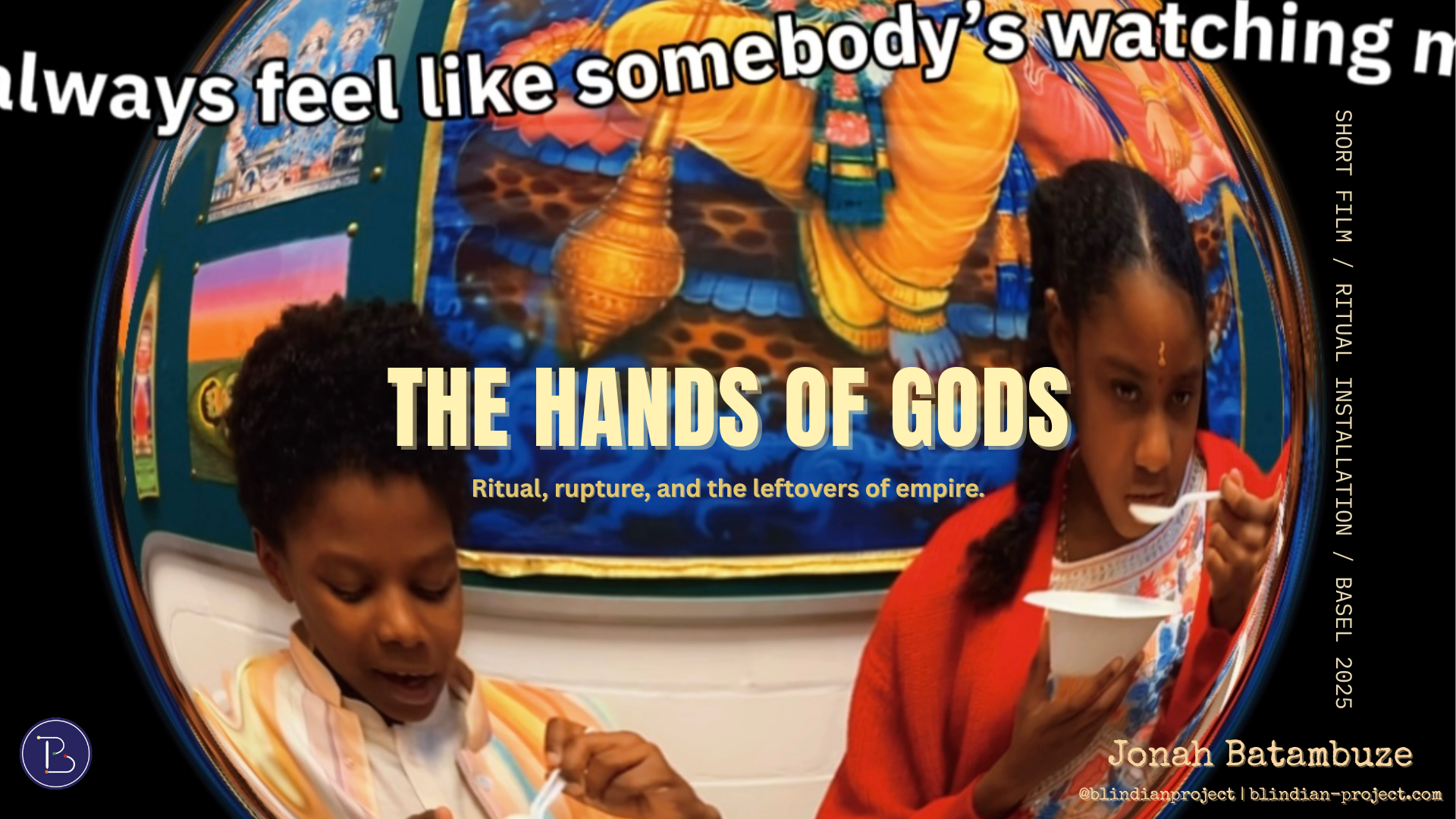 Promotional still from The Hands of Gods, a short film and ritual installation by Jonah Batambuze exploring food, surveillance, gesture, and the afterlives of empire.